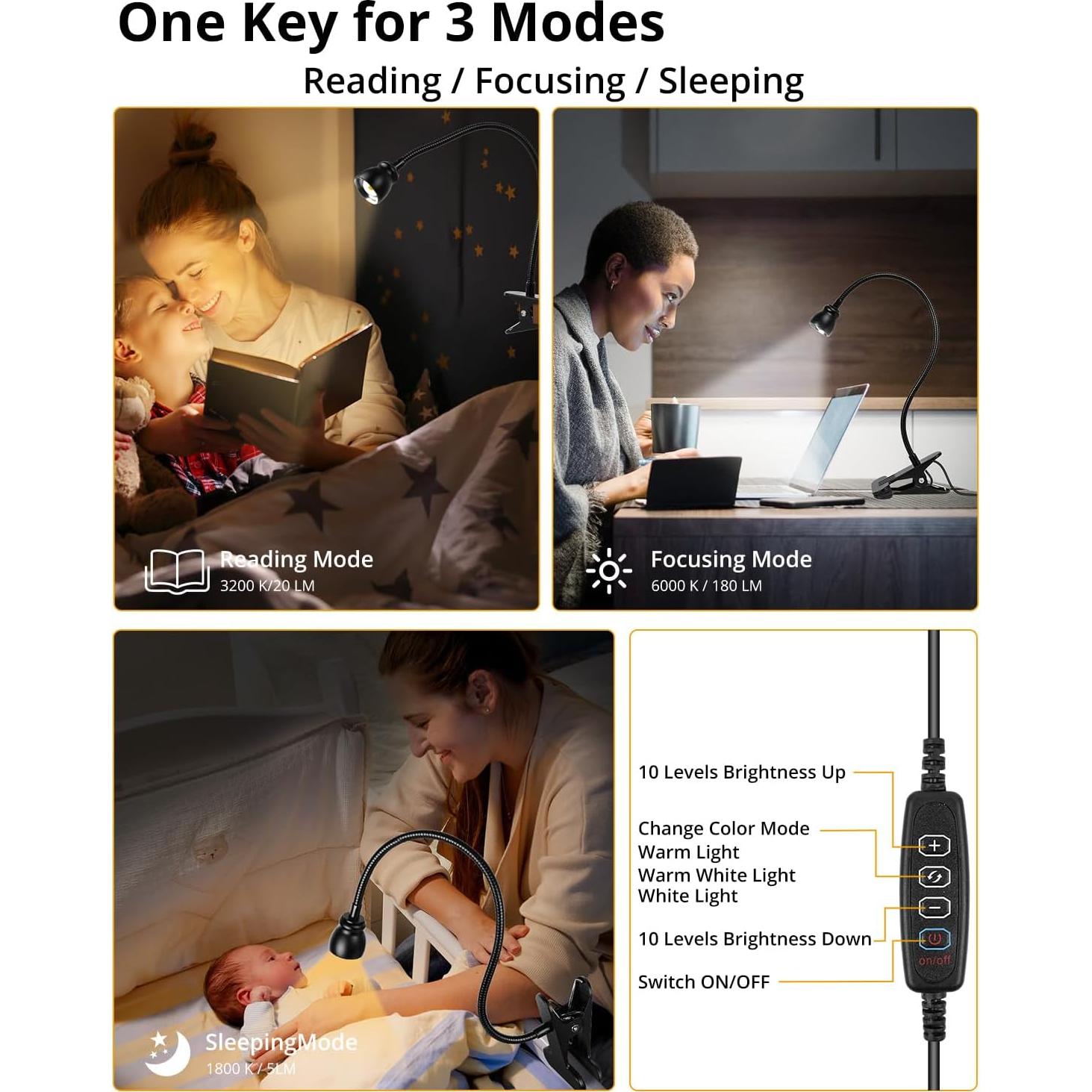 Luz de lectura LED Qeeltek con clip y 3 modos de color