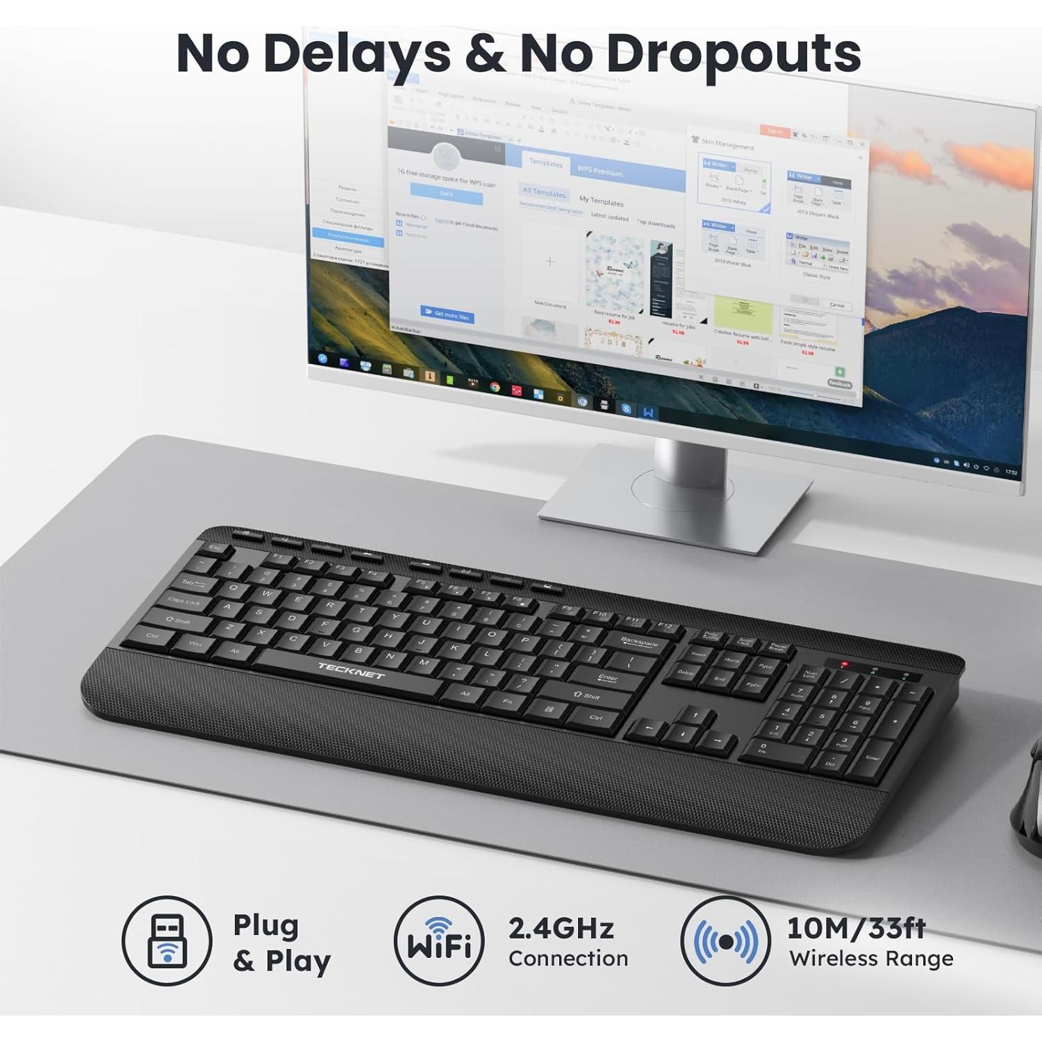 Teclado Inalámbrico Ergonómico TECKNET Negro con Reposamanos