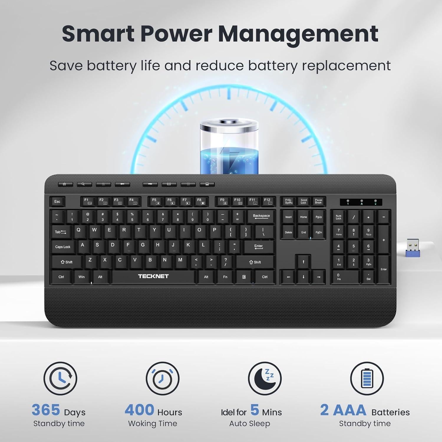 Teclado Inalámbrico Ergonómico TECKNET Negro con Reposamanos