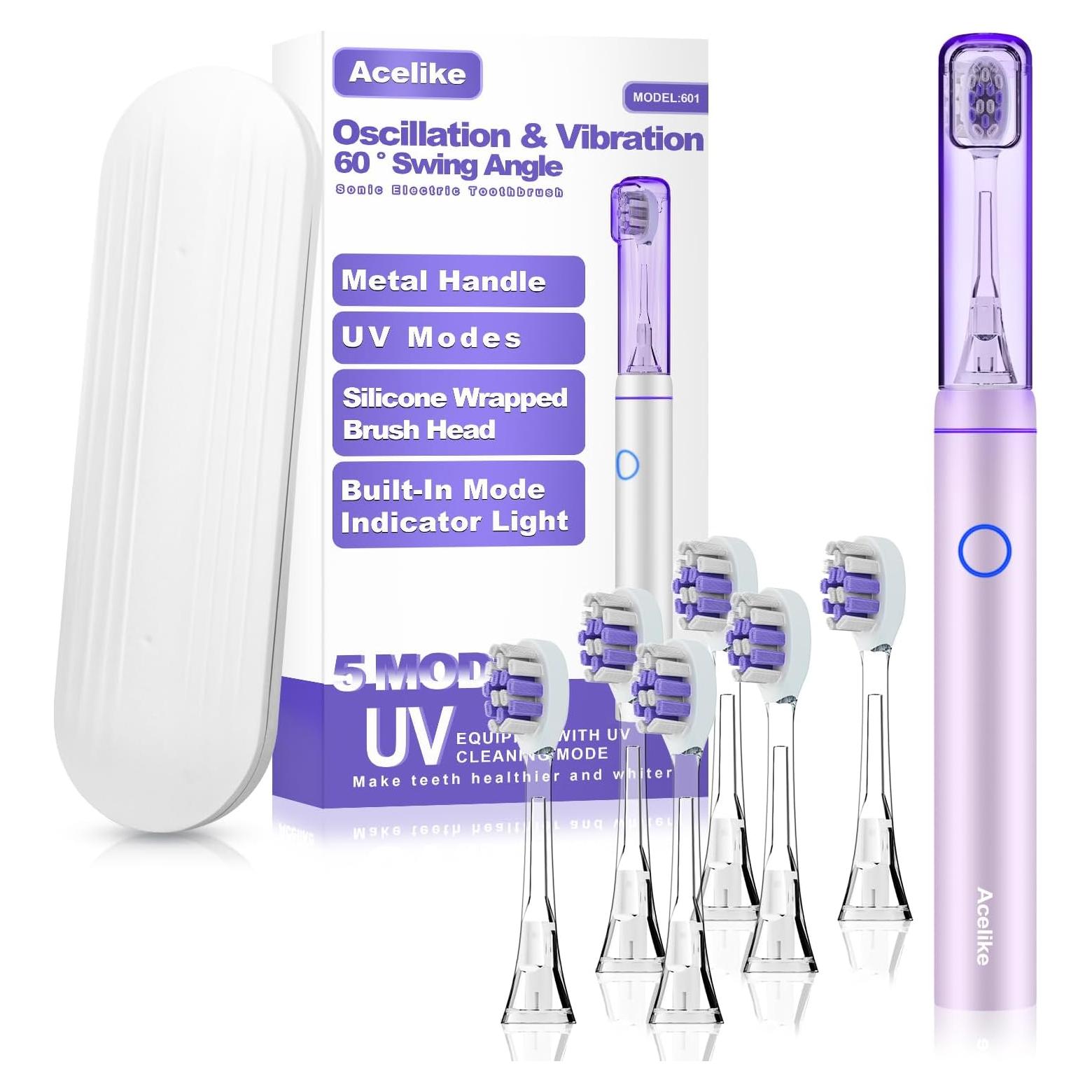 Cepillo de Dientes Eléctrico Acelike Rosa con 6 Cabezas y Modo UV