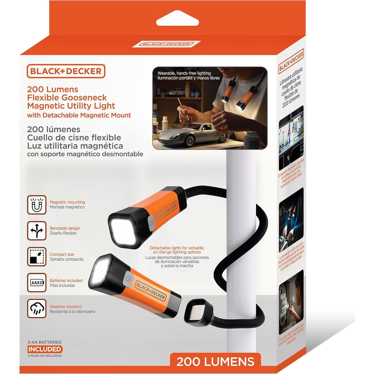 Luz de Lectura LED BLACK+DECKER 200 Lúmenes Cuello Flexible