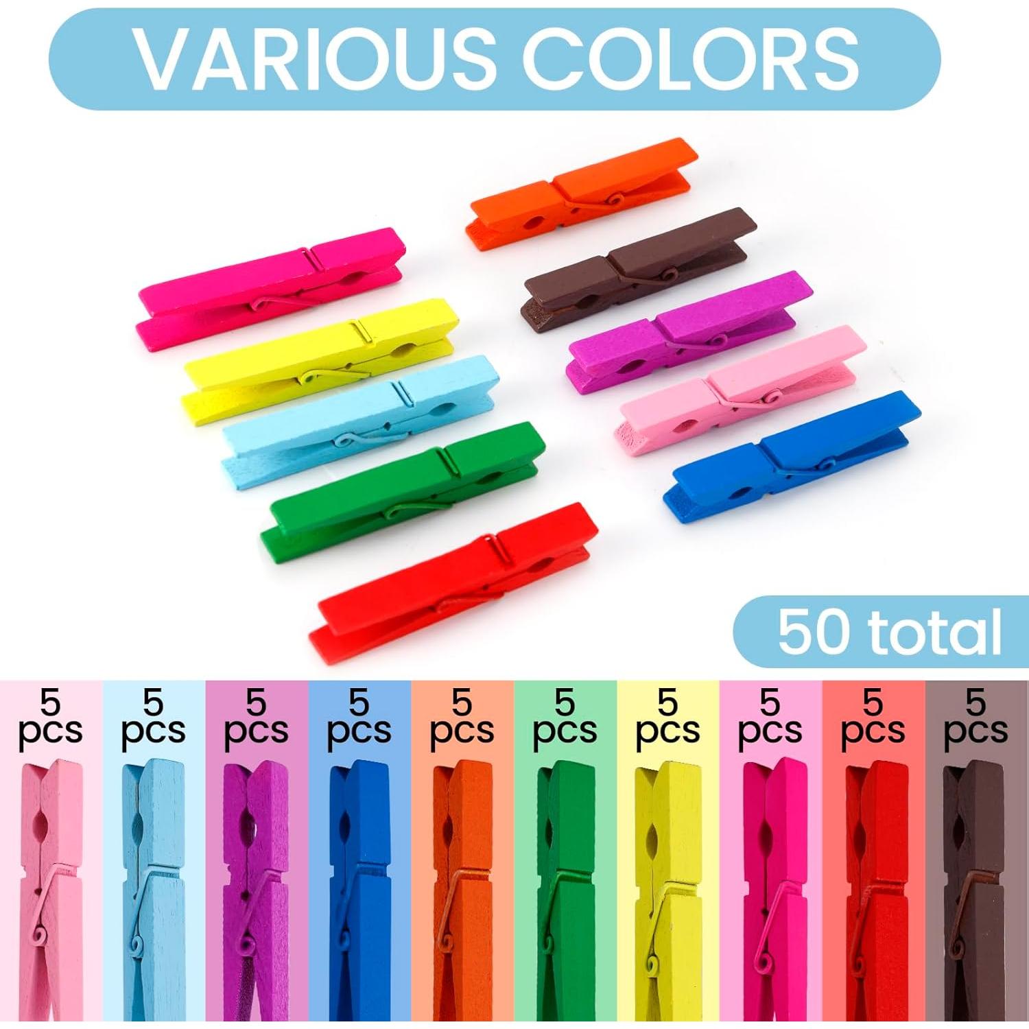 50 Pinzas de Madera Coloridas HONGYUTAI 7.37cm Multiusos