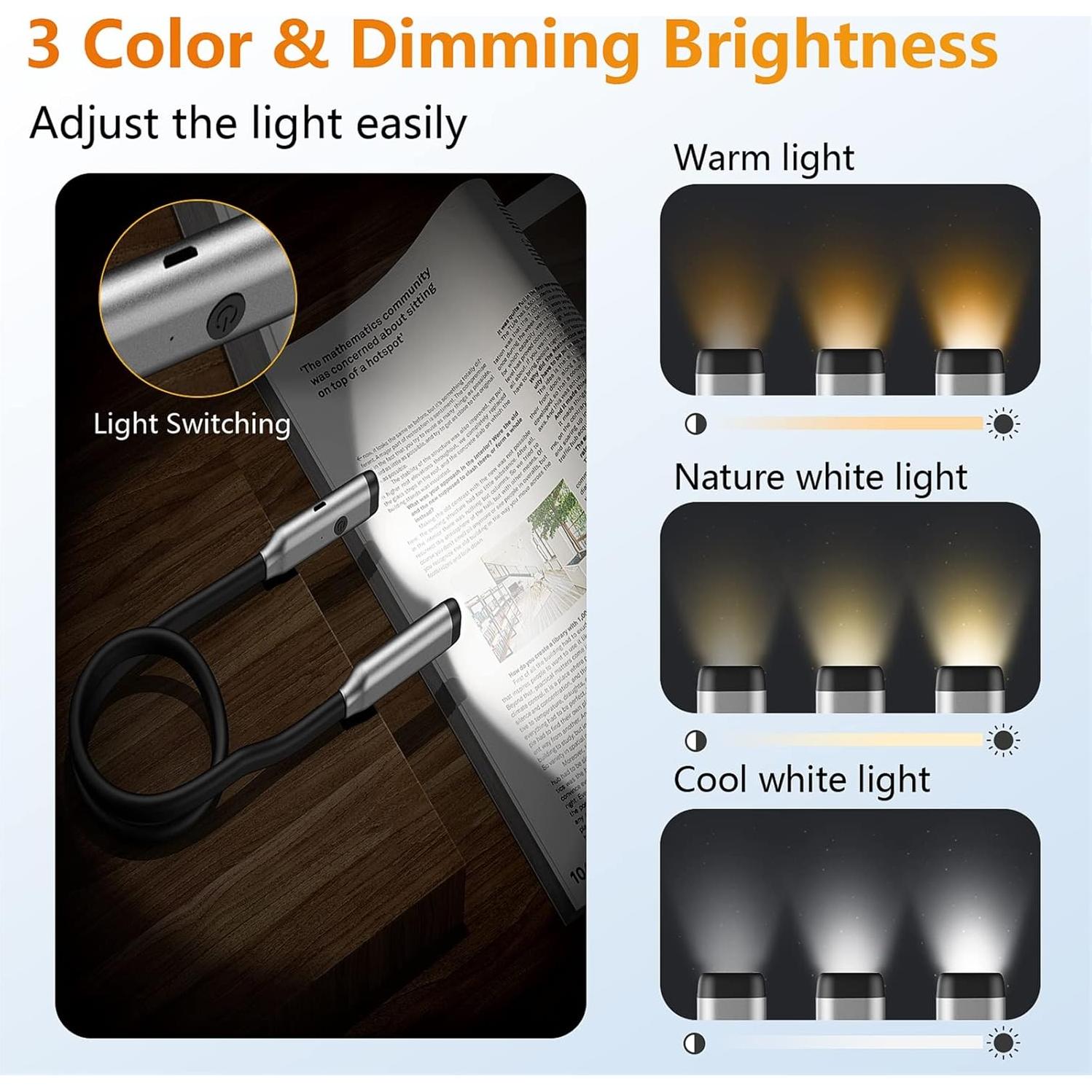 Luz de libro LED recargable GONDSILY gris, 3 colores y 3 brillos