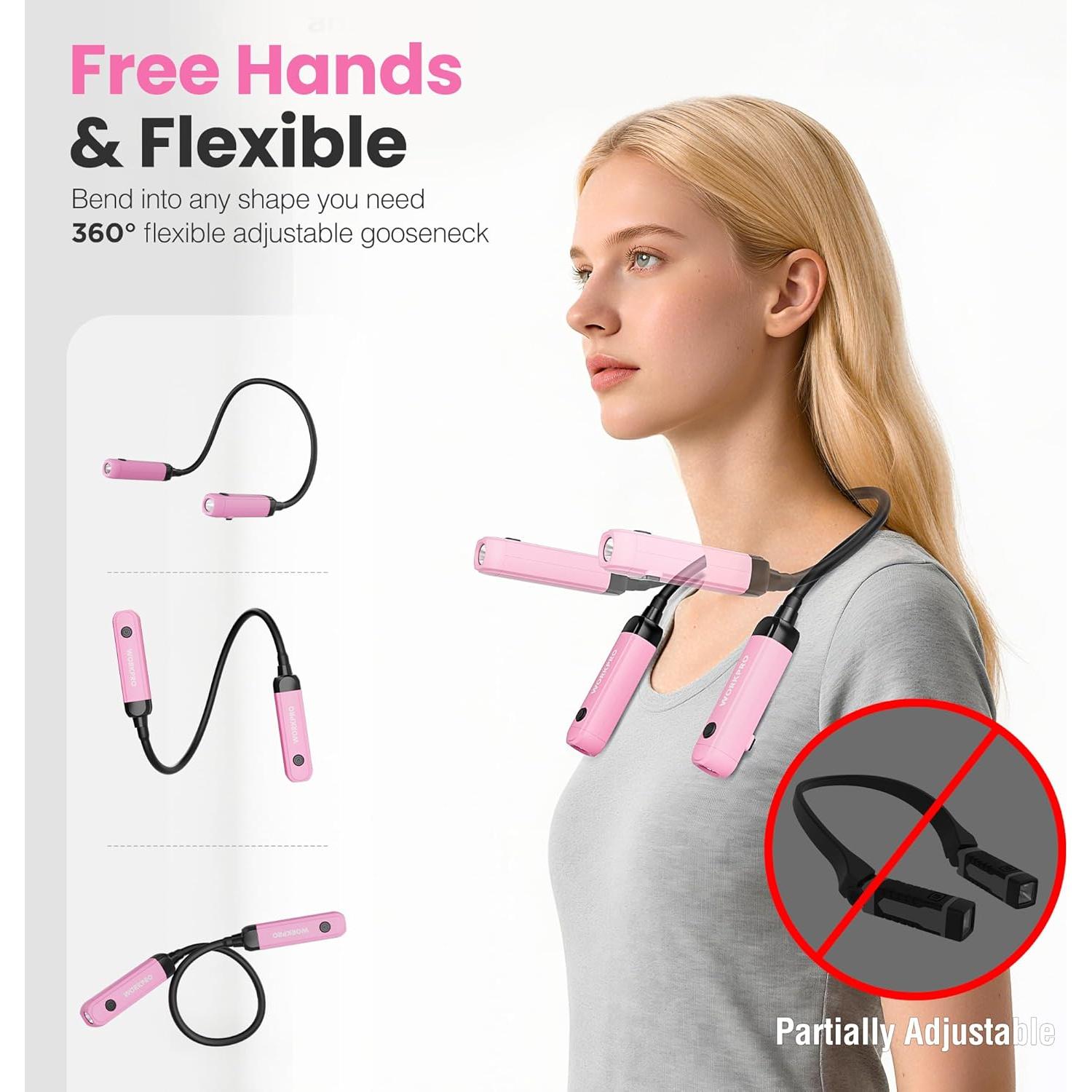 Luz de Cuello Recargable WORKPRO 300 Lúmenes Rosa Flexible