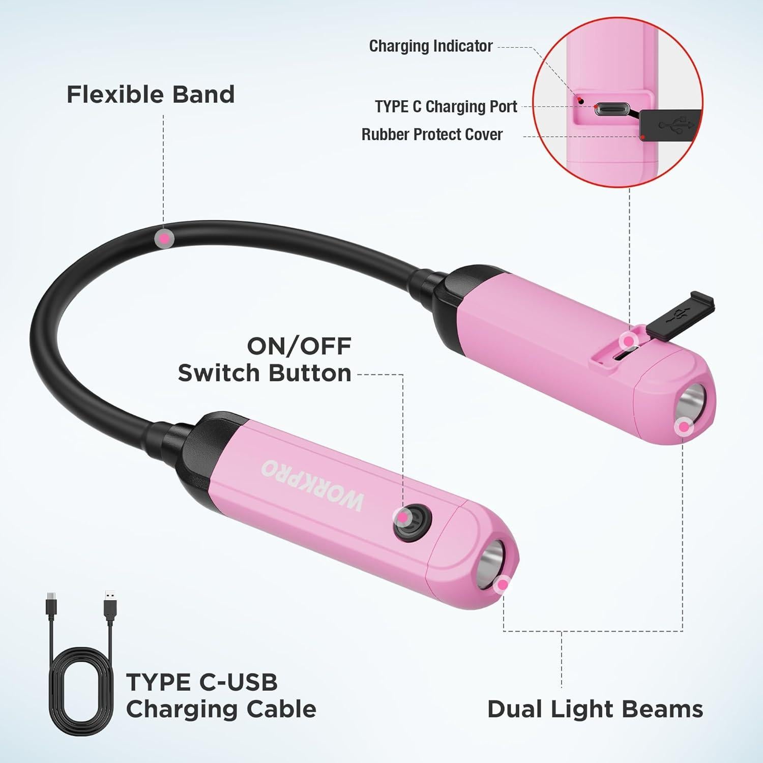 Luz de Cuello Recargable WORKPRO 300 Lúmenes Rosa Flexible