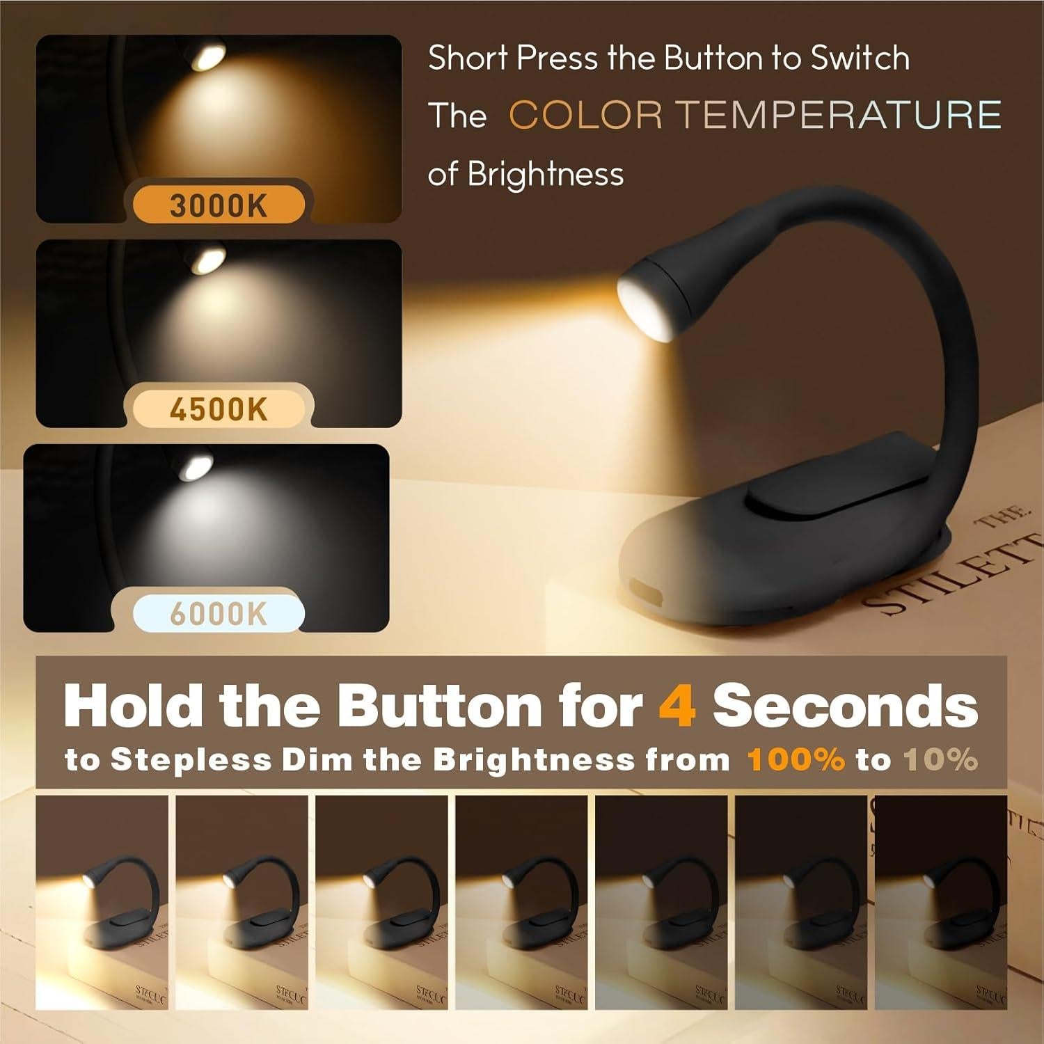 Luz de lectura recargable DEXULESA con brillo ajustable y 3 temperaturas