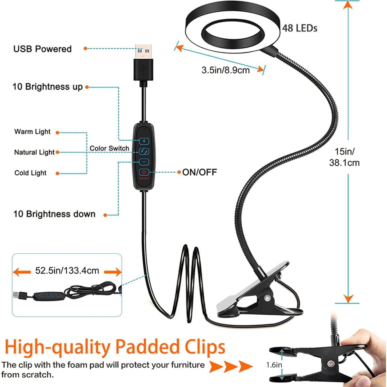 Lámpara de lectura LED Brokimis con clip 3 modos 10 niveles brillo