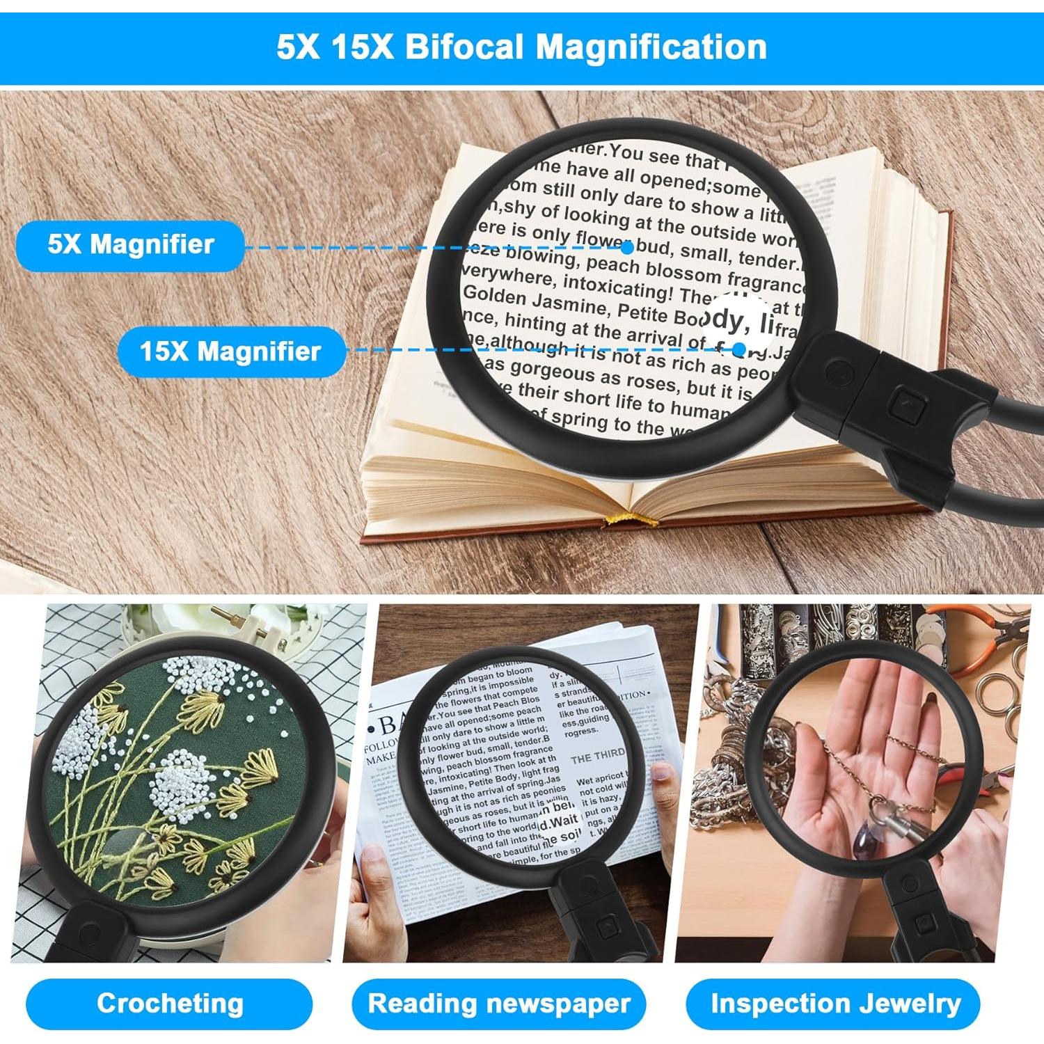 Lupa de Manos Libres con Luz Molebe 5X 15X Recargable