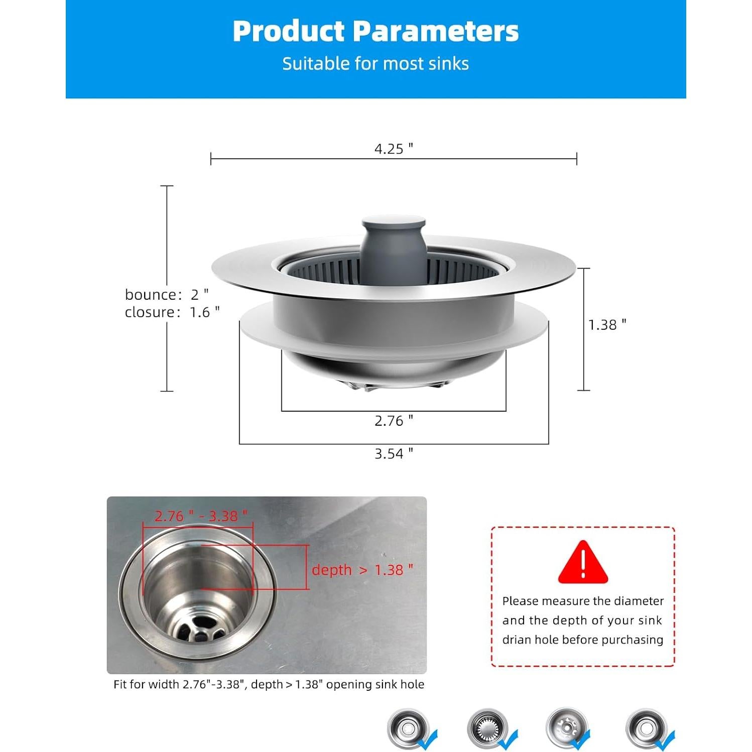 Filtro y Tapón de Drenaje Hibbent Acero Inoxidable 3 en 1 Negro