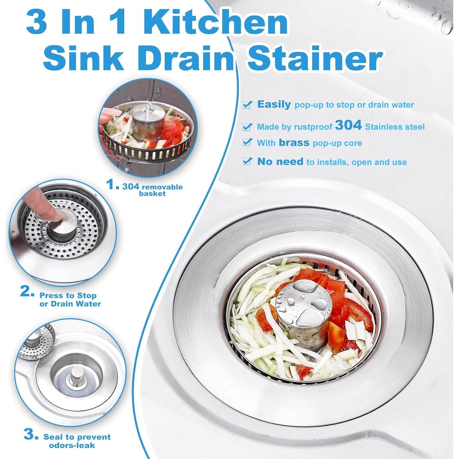 Colador y tapón de desagüe Voze 3 en 1 de acero inoxidable