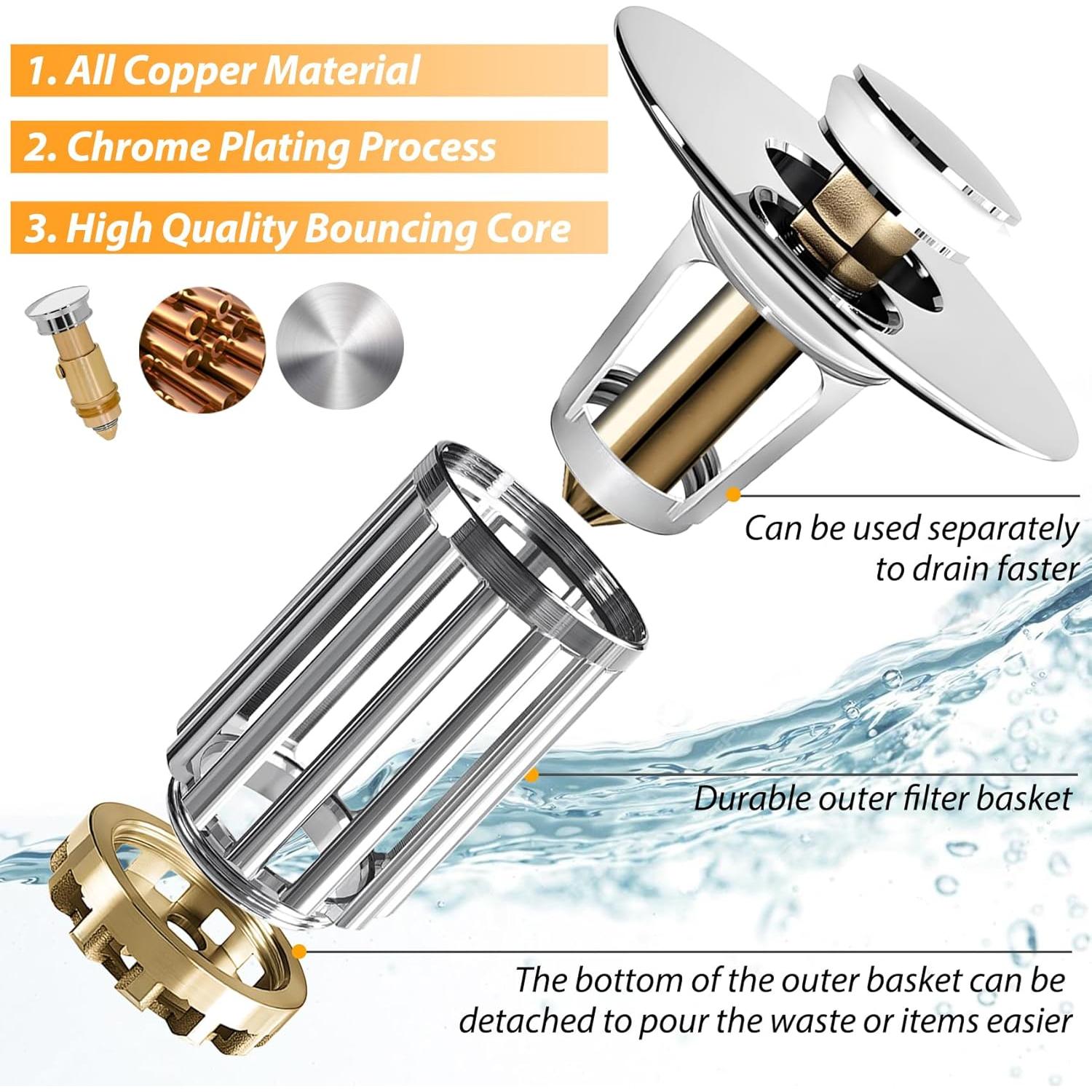 Colador de desagüe Anlige con tapón emergente 3 en 1, plata
