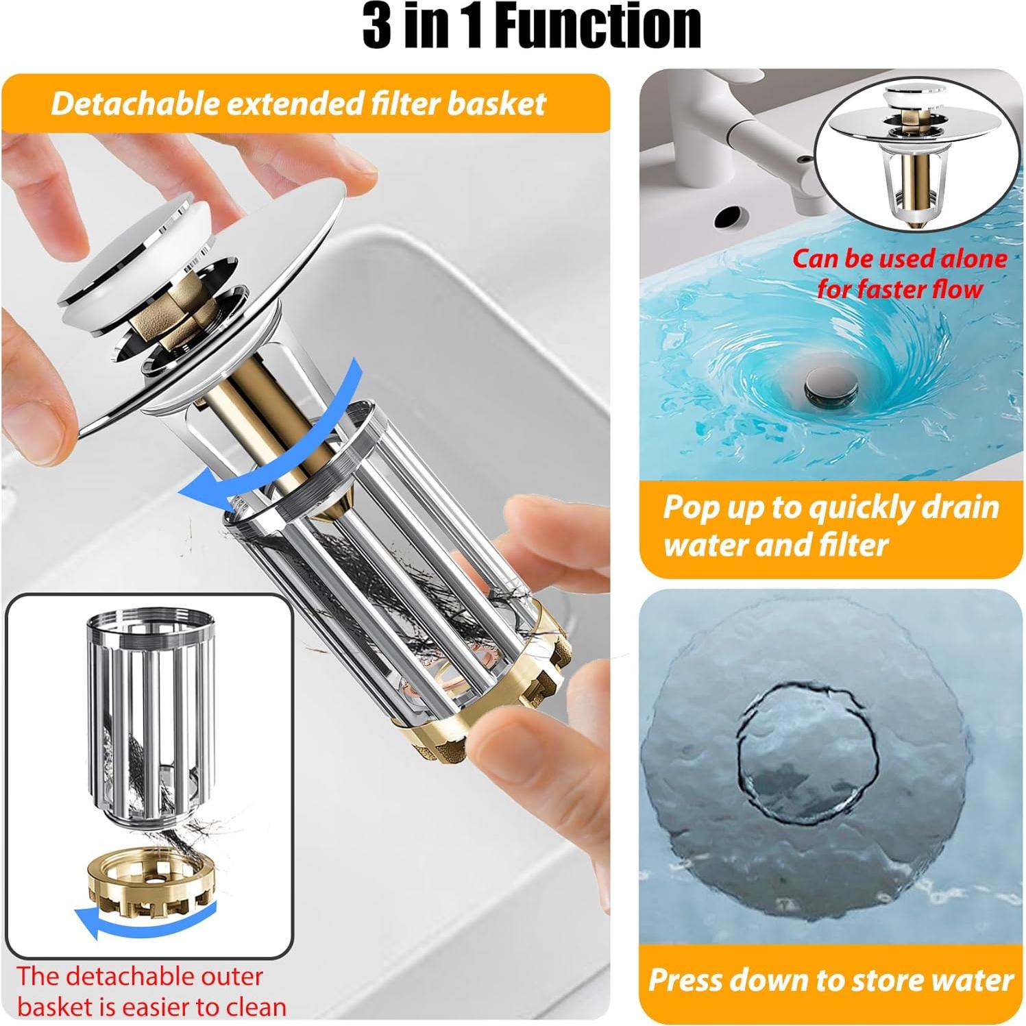Colador de desagüe Anlige con tapón emergente 3 en 1, plata