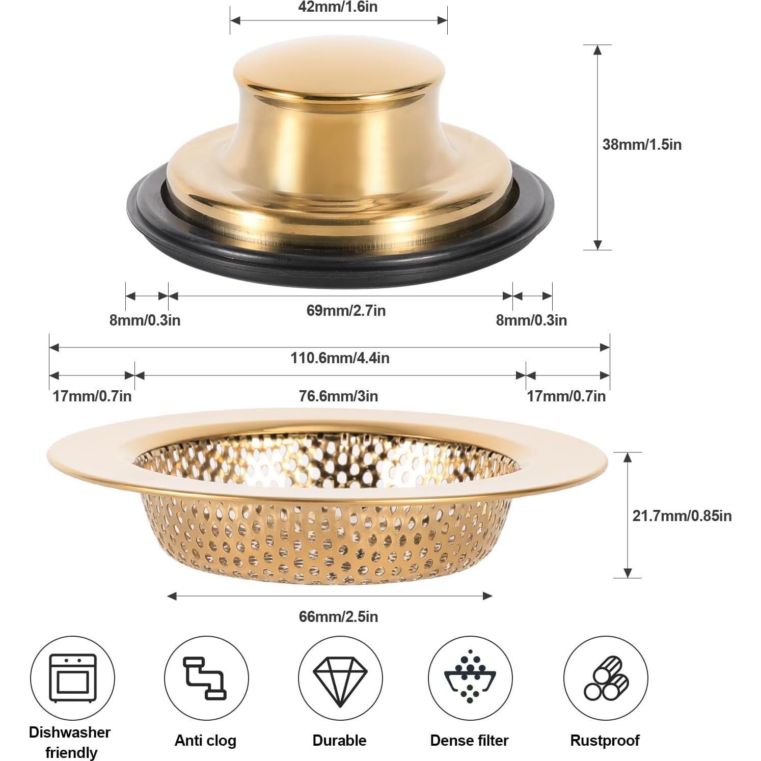 Juego de Filtros y Tapón para Fregadero RQYEKDO Acero Inoxidable 11.18 cm