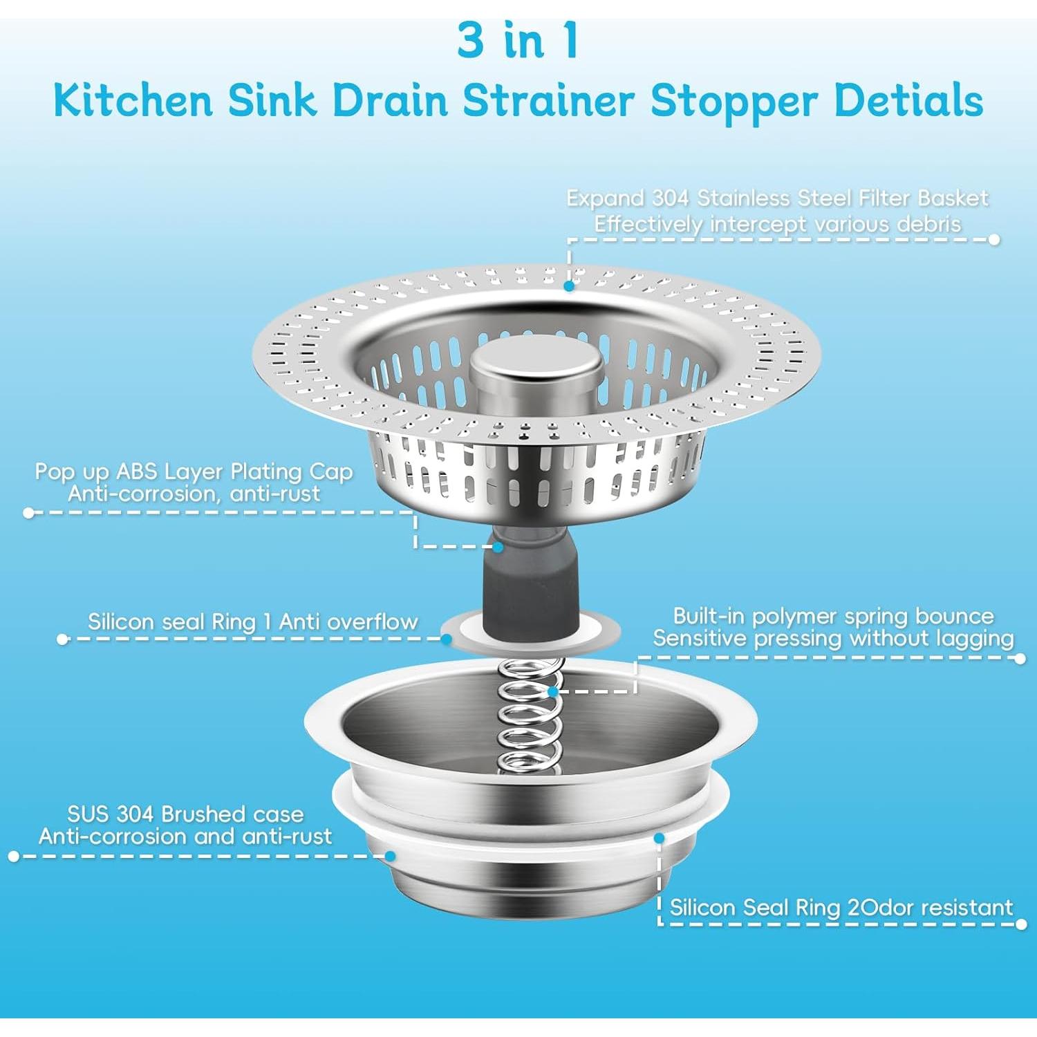 Colador de desagüe de fregadero TZona 3 en 1 acero inoxidable 304