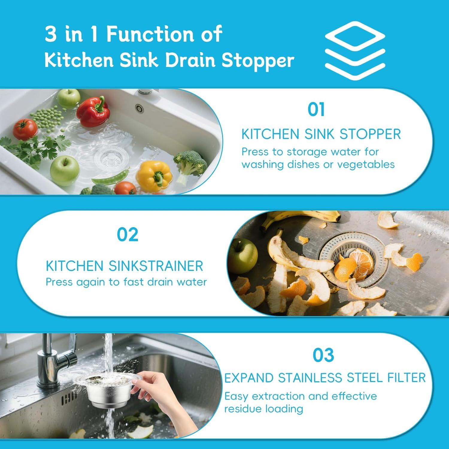 Colador de desagüe de fregadero TZona 3 en 1 acero inoxidable 304