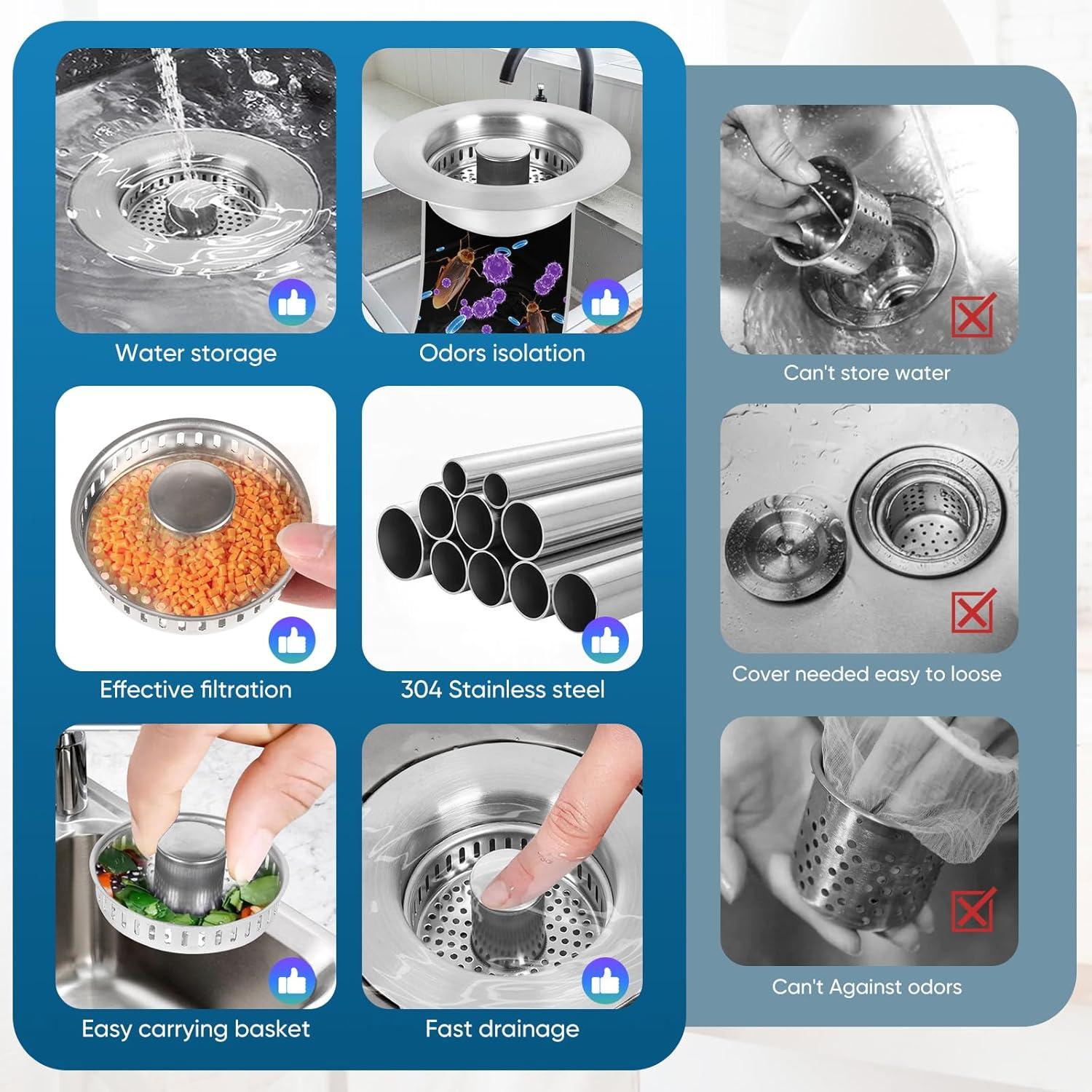 Colador y Tapón de Desagüe de Fregadero NSYRT 3 en 1 Acero Inoxidable