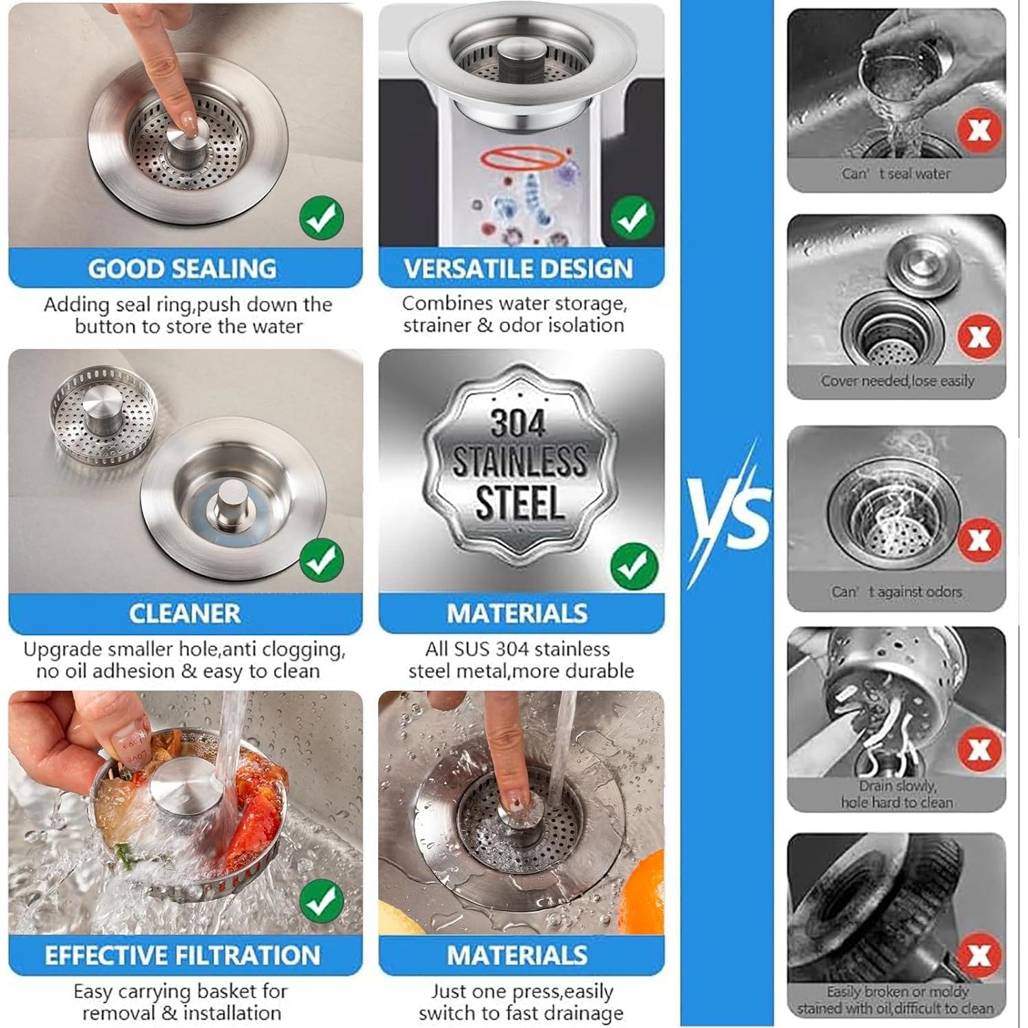 Filtro de Drenaje de Fregadero 3 en 1 Sello Acero Inoxidable