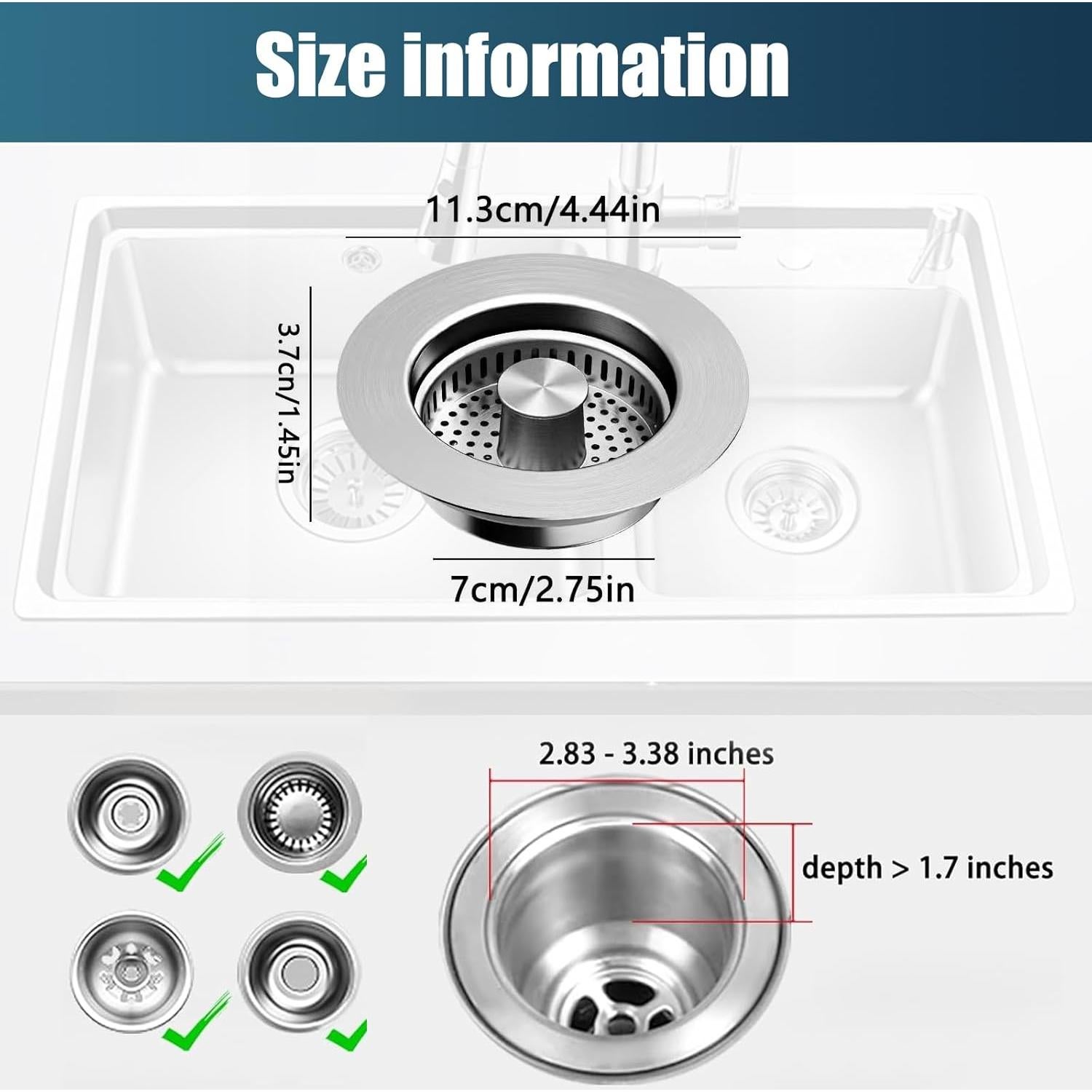 Colador de desagüe de fregadero WEEKUU 4 en 1 acero inoxidable