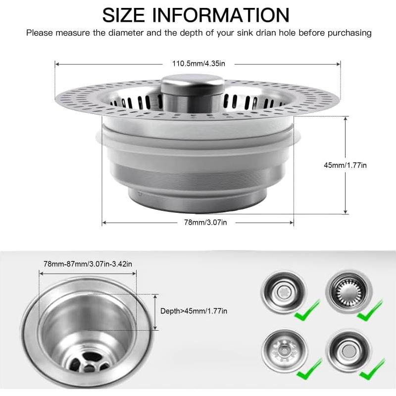 Colador y Tapón de Drenaje de Acero Inoxidable 3 en 1
