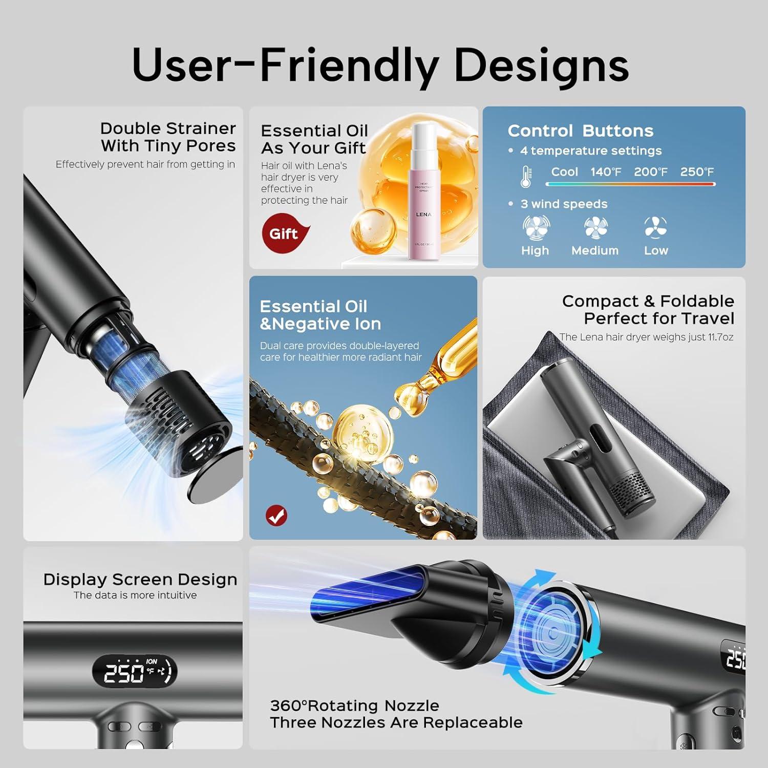 Secador de Pelo Lena F10 Portátil 1400W con Difusor y Tecnología Iónica