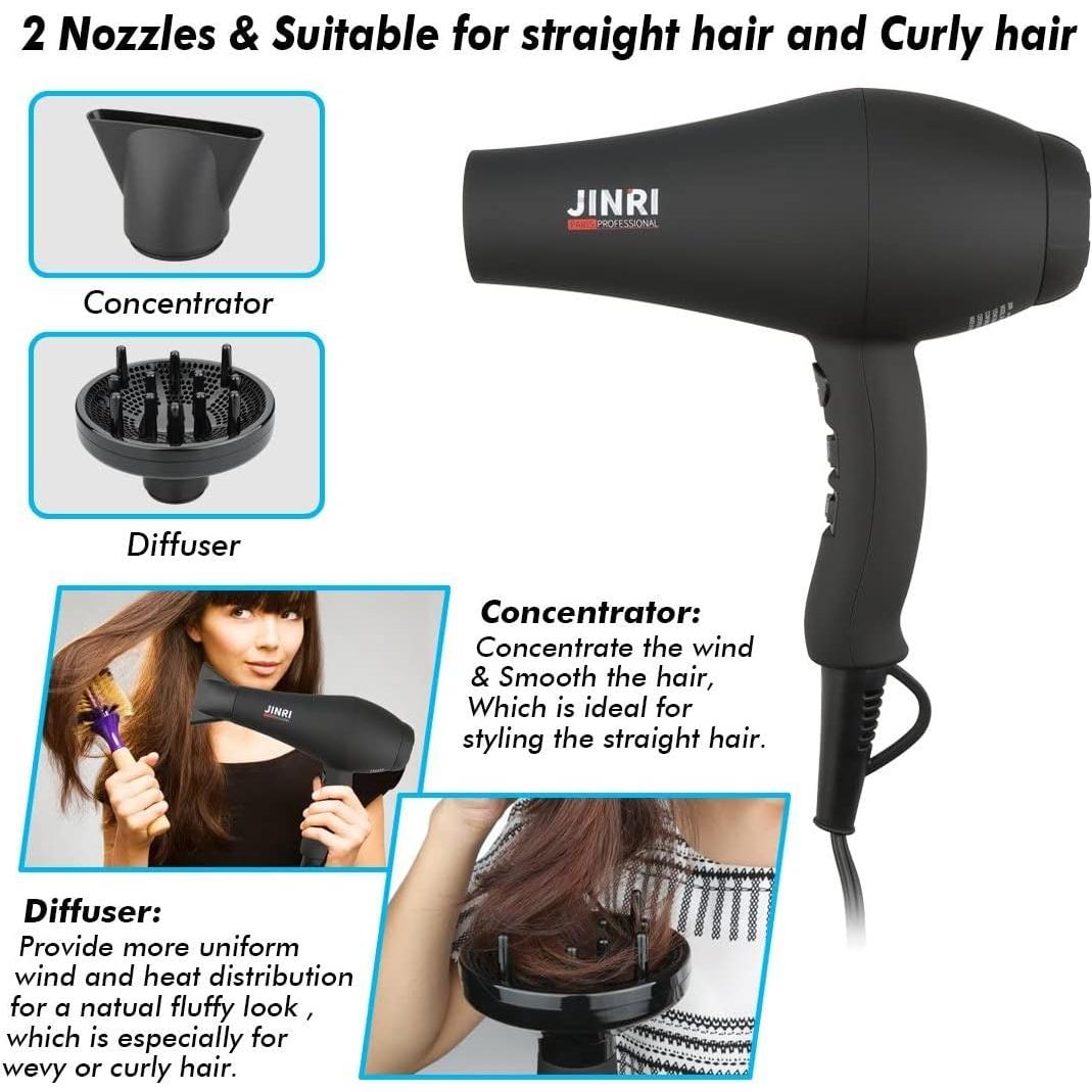 Secador de Pelo JINRI 1875W con Difusor y Concentrador - Negro