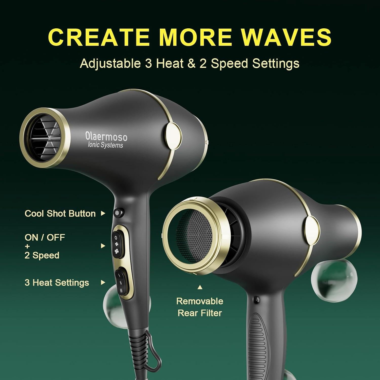 Secador de Pelo Profesional Olaermoso 2200W con Difusor y Boquillas