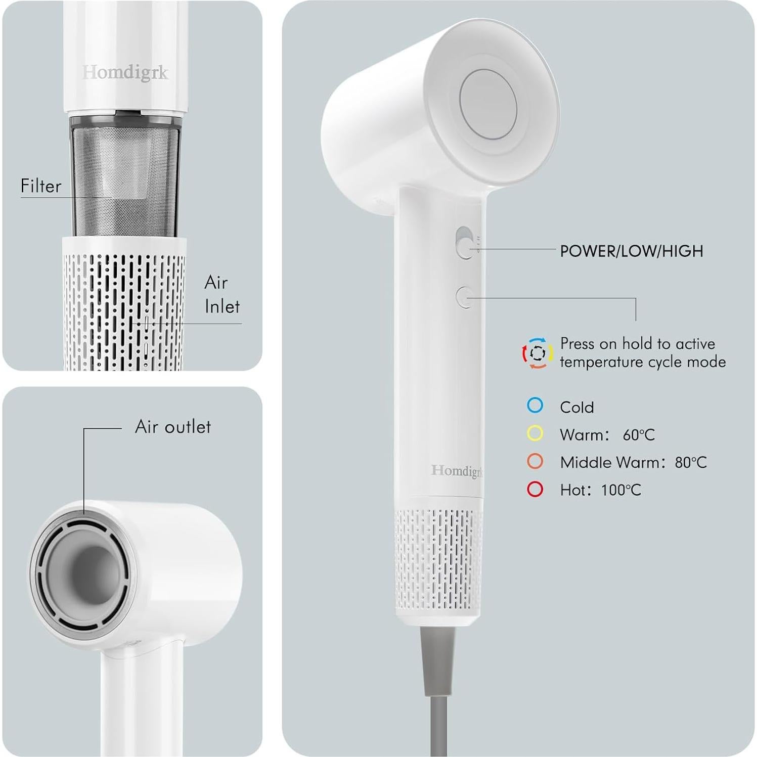 Secador de Pelo Iónico Homdigrk JV01 112,000 RPM 4 Temperaturas