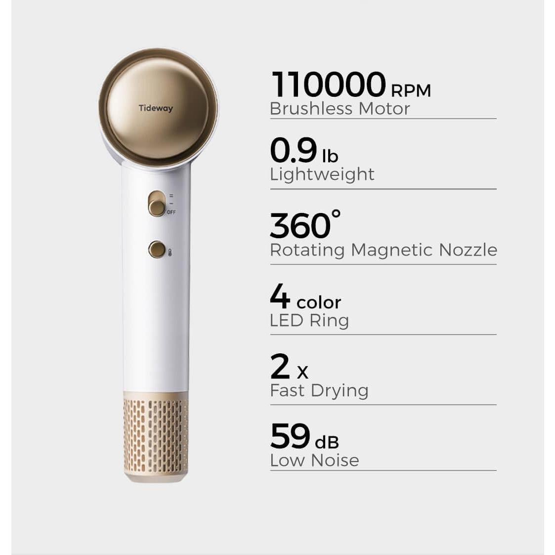 Secador de Pelo Iónico Tideway 110,000 RPM Ligero y Silencioso