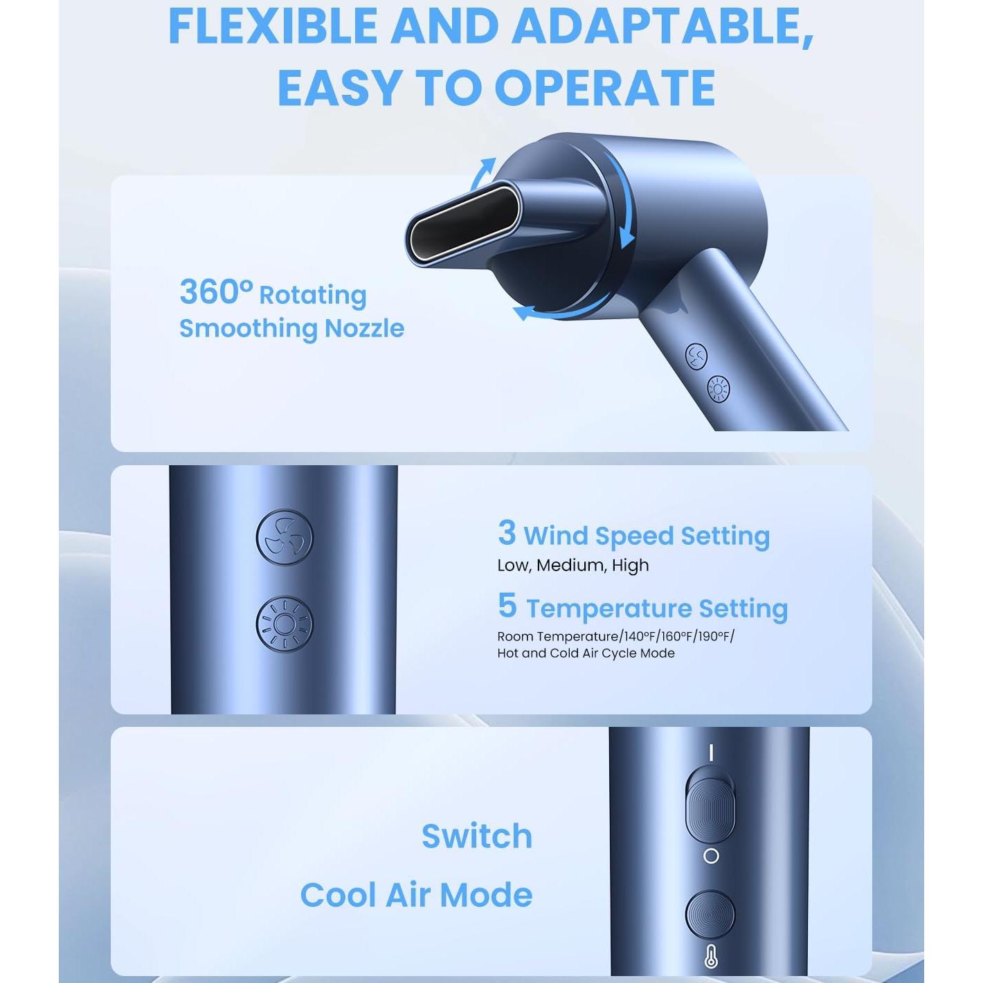 Secador de Pelo LAMPICK Iónico 150000 RPM Azul, 5 Temperaturas