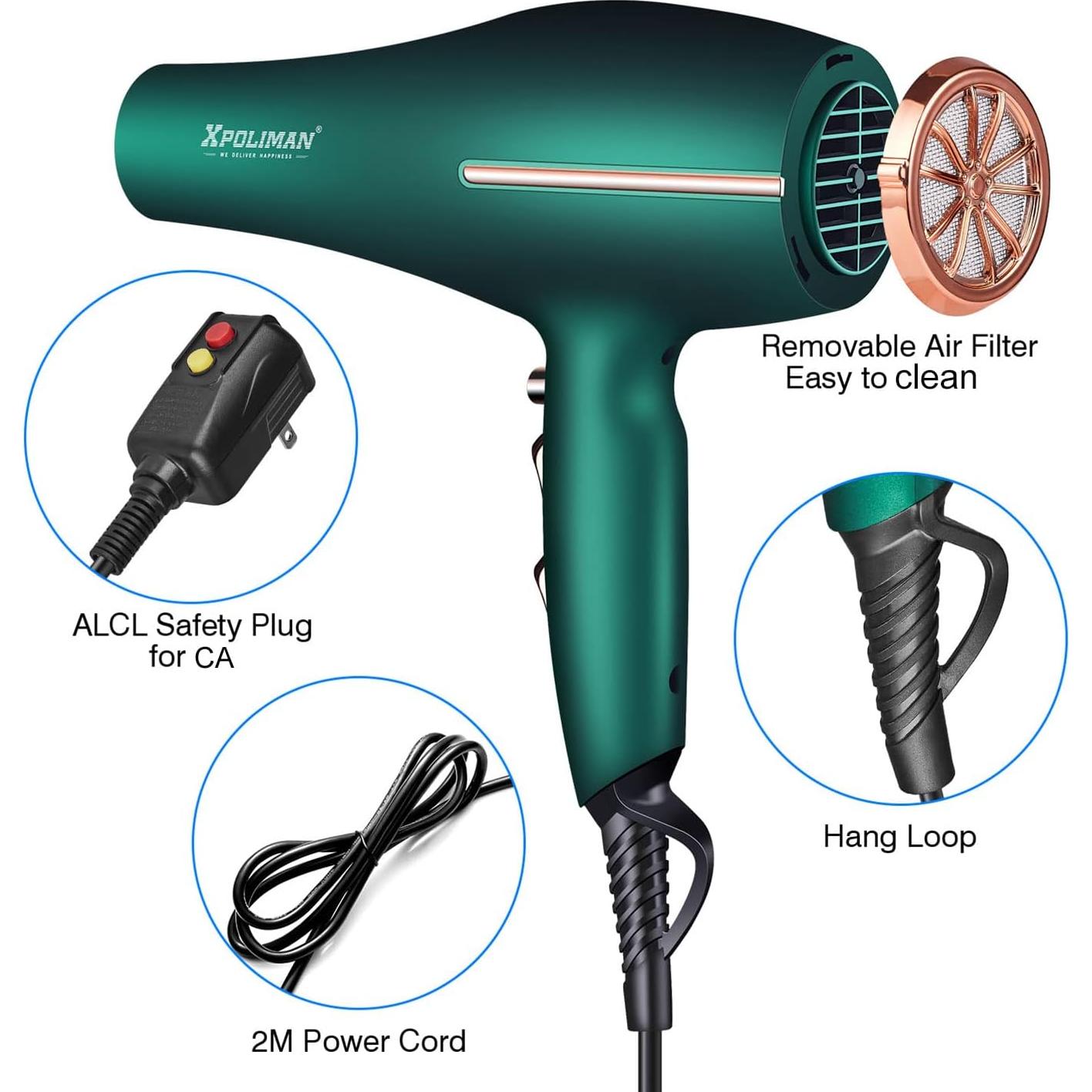 Secador de Pelo Profesional Iónico Xpoliman 2000W Verde/Dorado