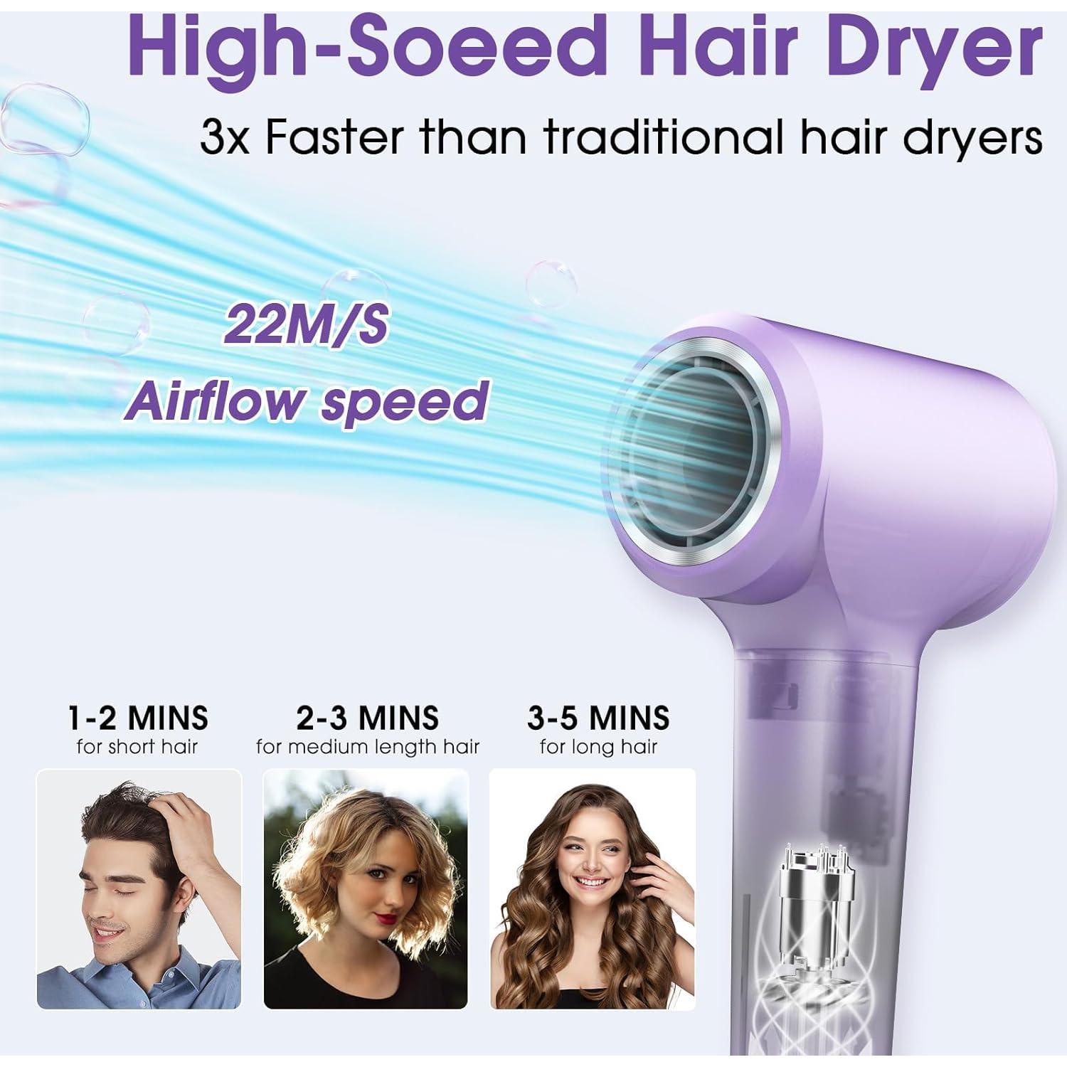 Secador de Pelo KARFUN FK3, Alta Velocidad 110000 RPM, 3 Temperaturas, Bajo Ruido 57dB, Púrpura