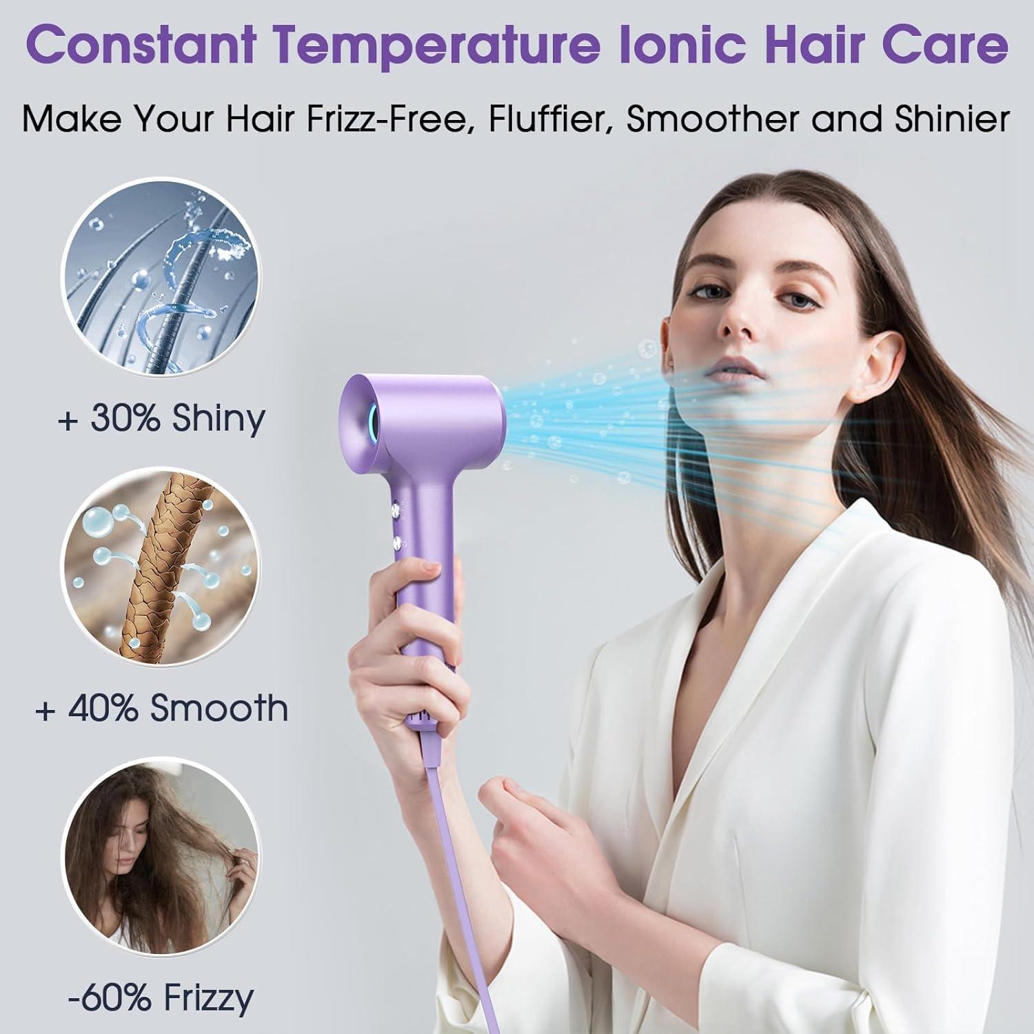 Secador de Pelo KARFUN FK3, Alta Velocidad 110000 RPM, 3 Temperaturas, Bajo Ruido 57dB, Púrpura