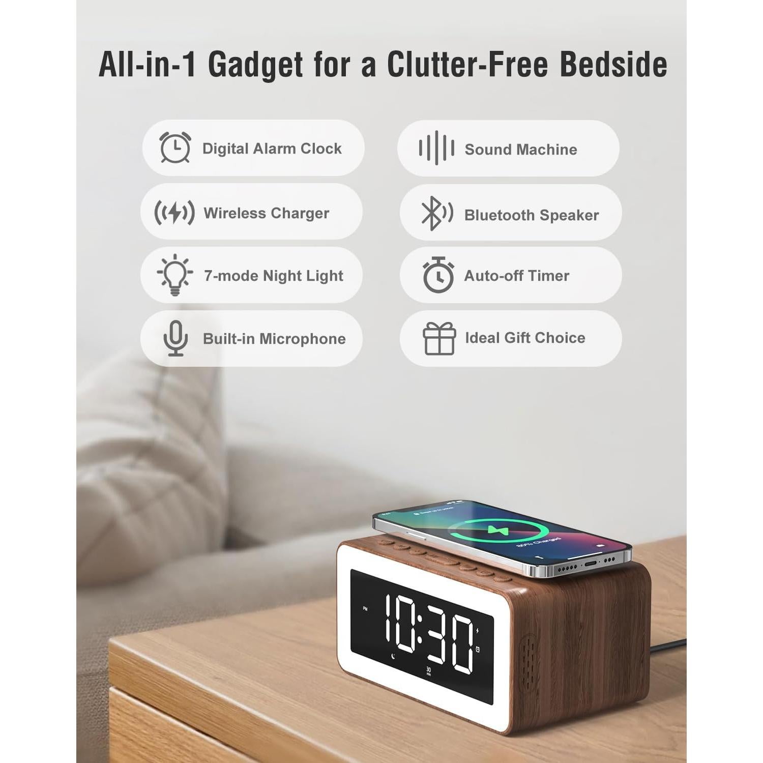Reloj Despertador Digital Bitswolee con Carga Inalámbrica y Altavoz Bluetooth