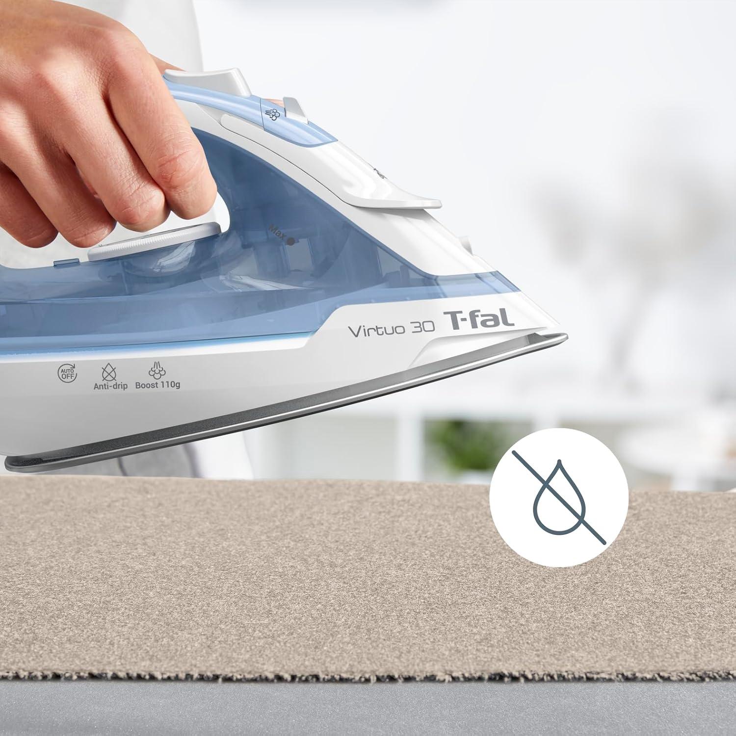 Plancha de Vapor Tefal Virtuo 30, 1400W, Suela Cerámica, Azul