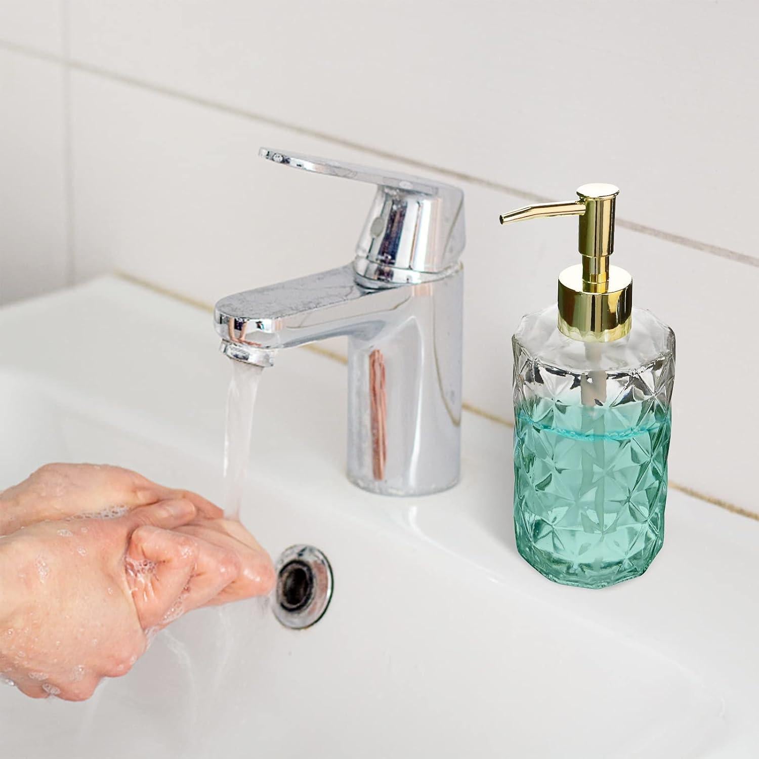 Dispensador de Jabón de Vidrio E-Greetshopping 330ml con Bomba Dorada