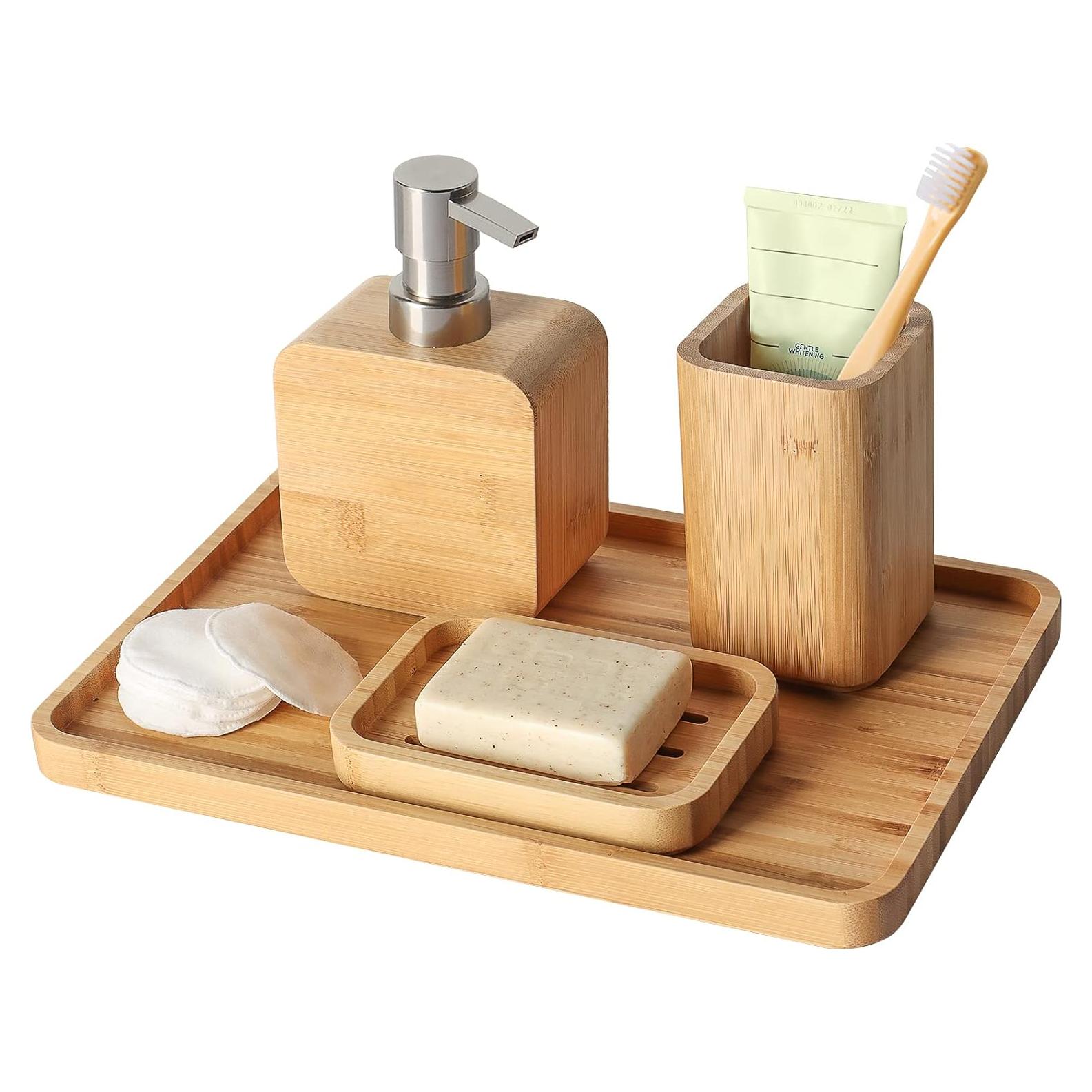 Juego de 4 Accesorios de Baño de Bambú Natural Asashizen