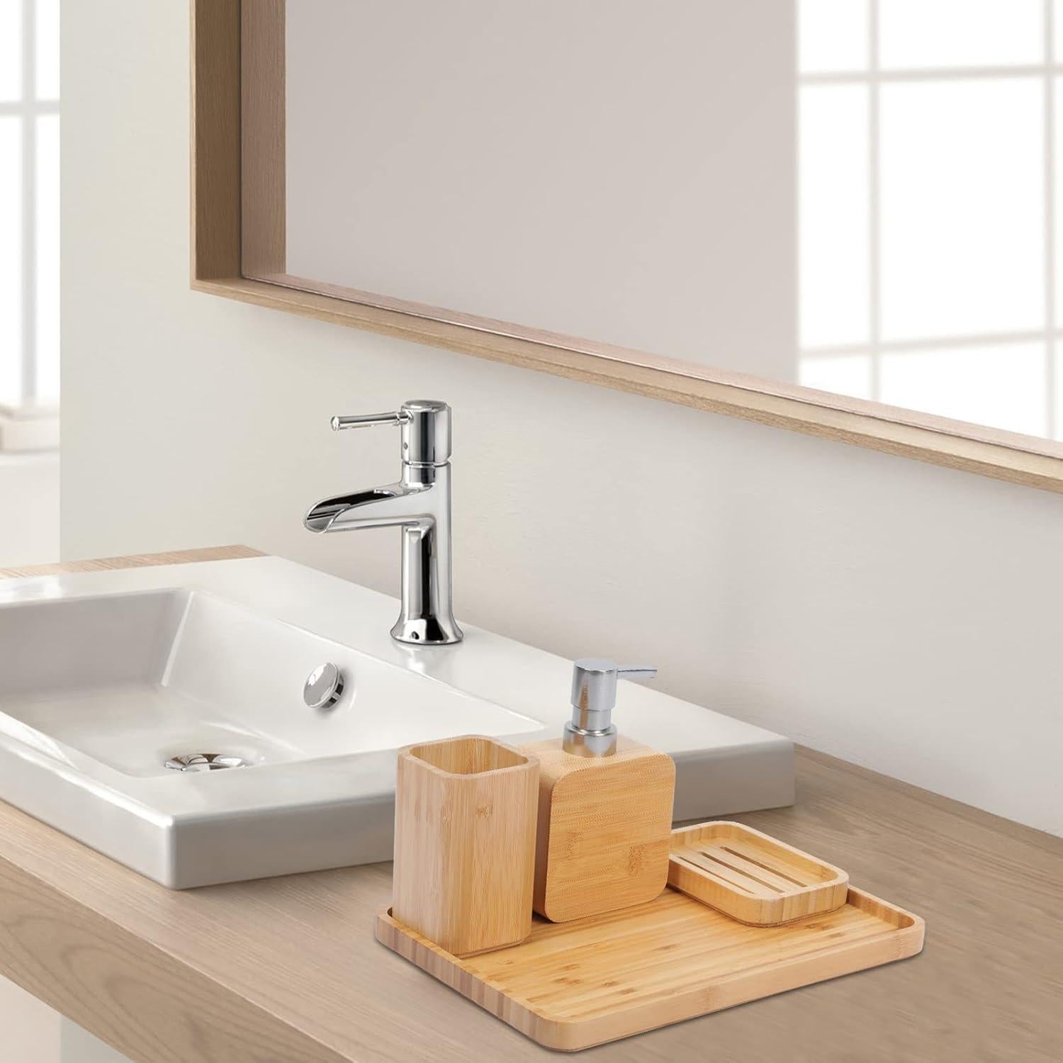 Juego de 4 Accesorios de Baño de Bambú Natural Asashizen