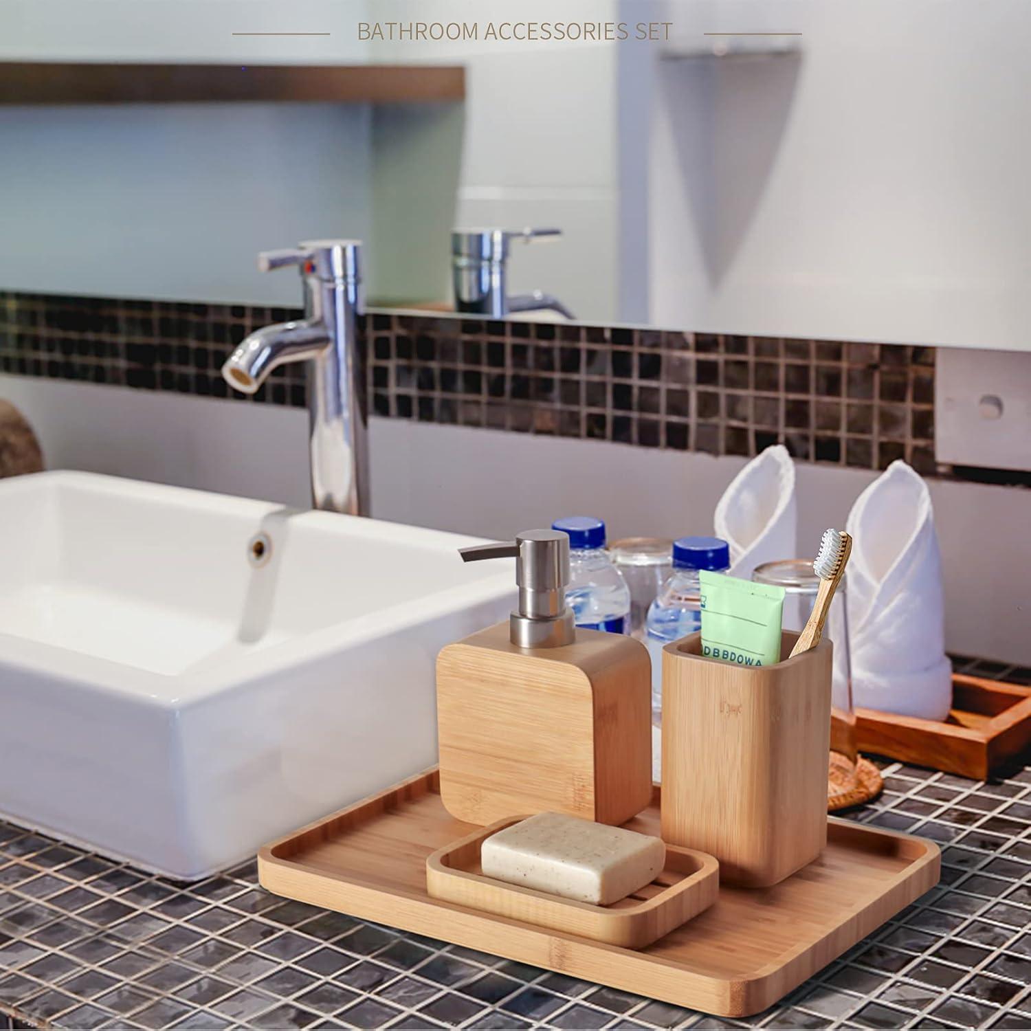 Juego de 4 Accesorios de Baño de Bambú Natural Asashizen