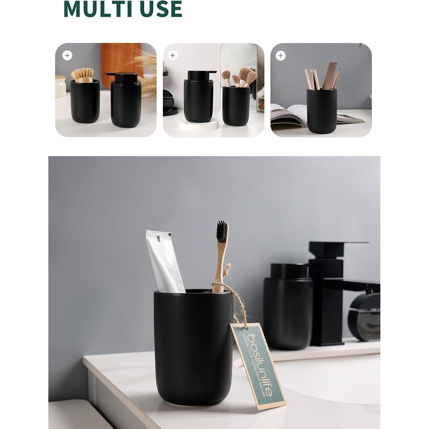 Conjunto de dispensador de jabón y soporte BosilunLife - Cerámica negra