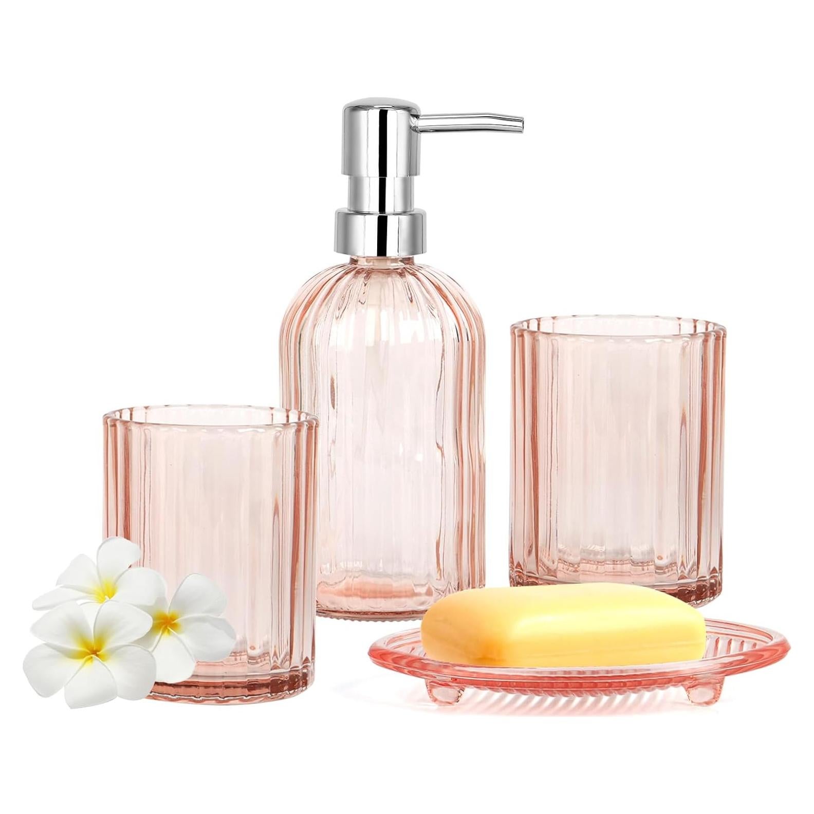 Juego de Accesorios de Baño de Vidrio Rosa - 4 Piezas