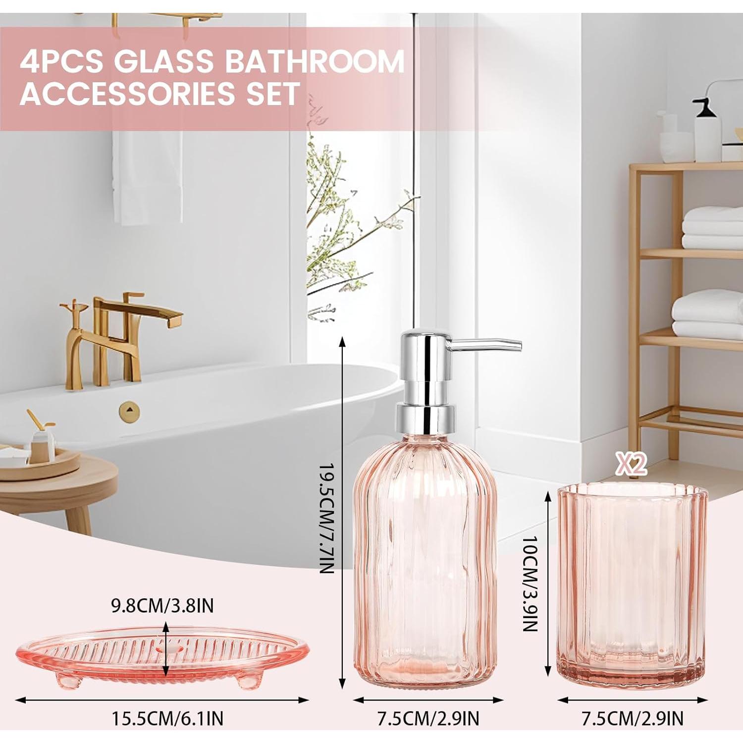 Juego de Accesorios de Baño de Vidrio Rosa - 4 Piezas