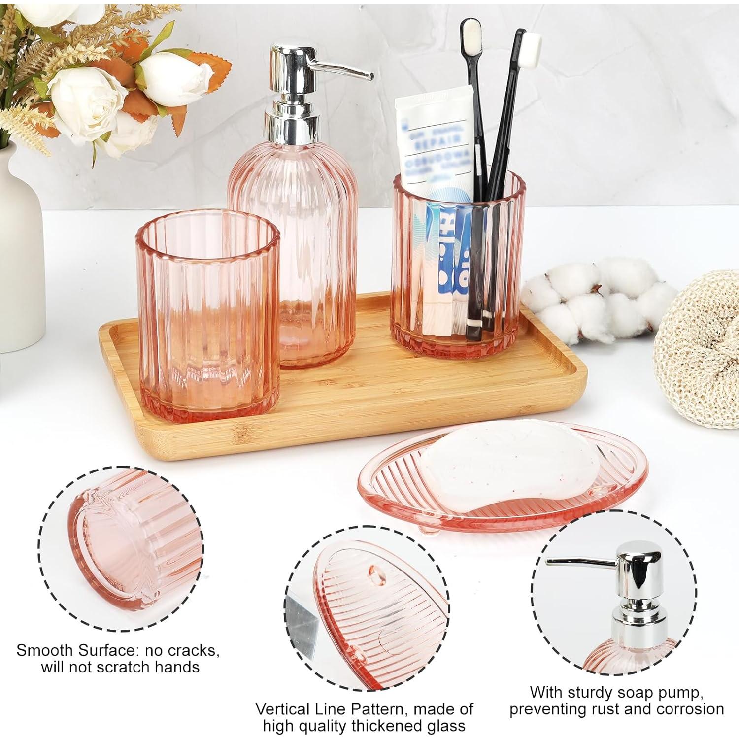 Juego de Accesorios de Baño de Vidrio Rosa - 4 Piezas