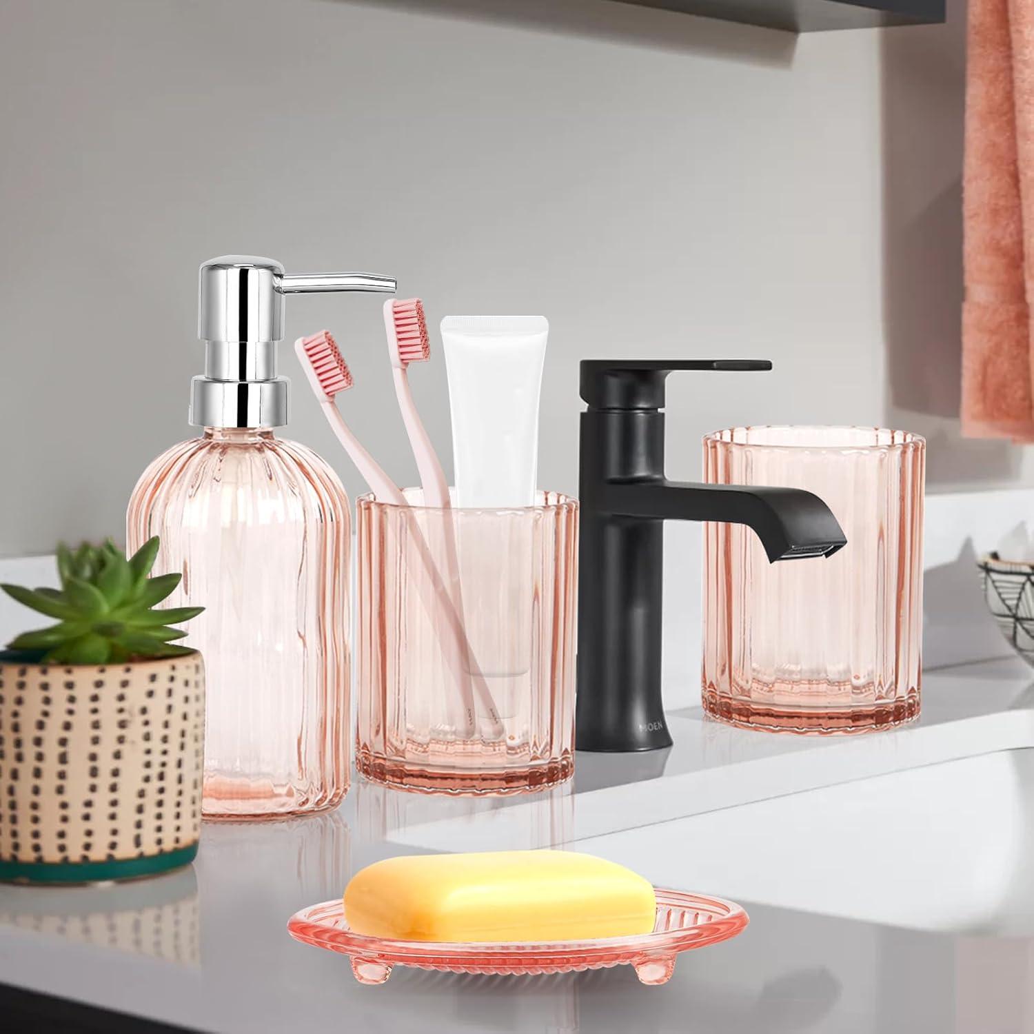 Juego de Accesorios de Baño de Vidrio Rosa - 4 Piezas