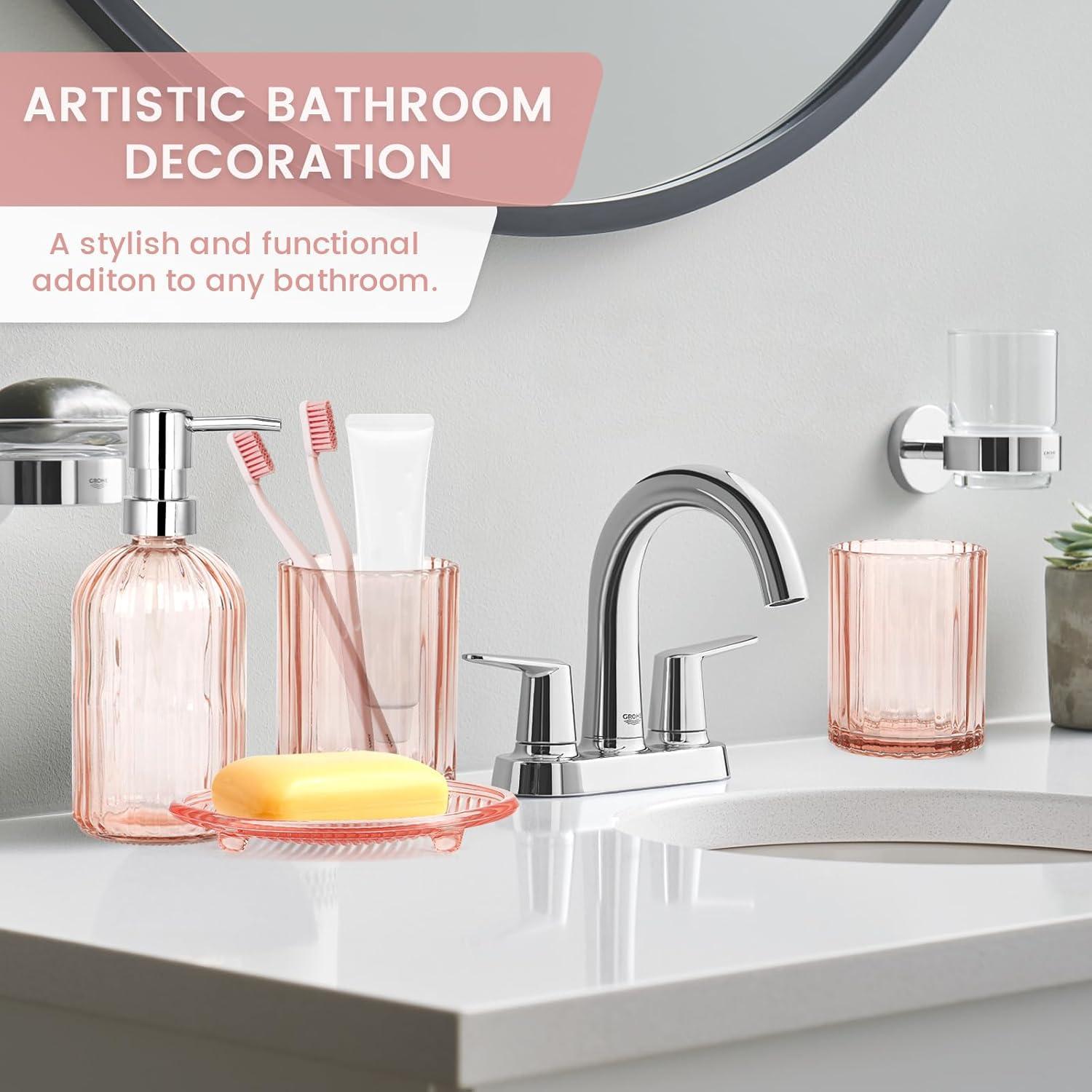 Juego de Accesorios de Baño de Vidrio Rosa - 4 Piezas