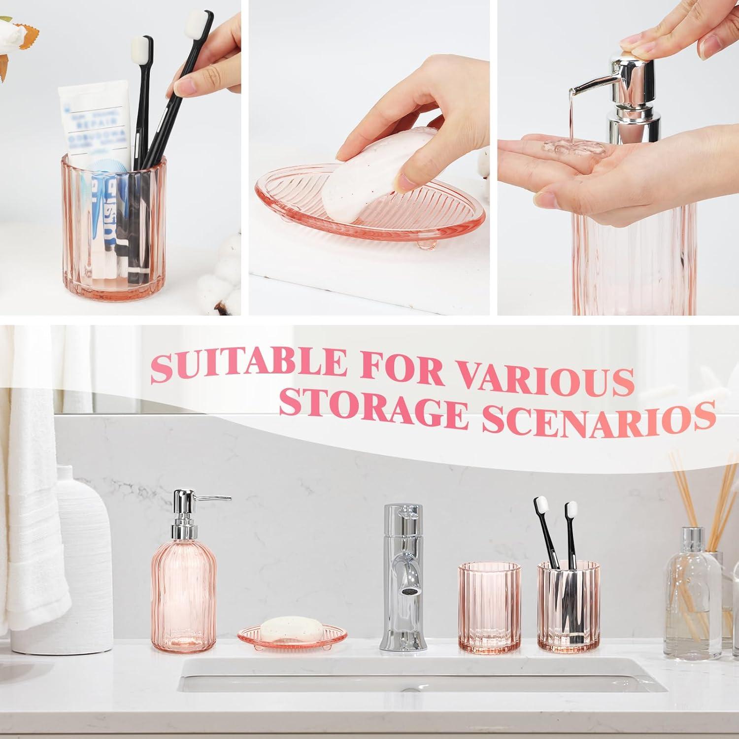 Juego de Accesorios de Baño de Vidrio Rosa - 4 Piezas