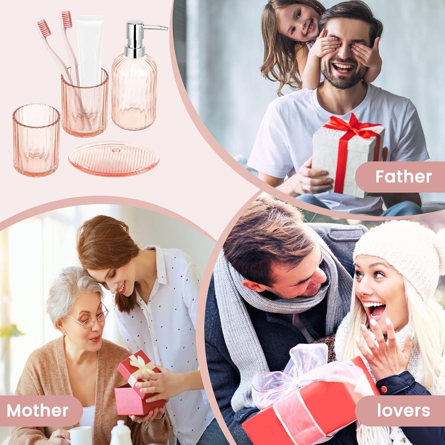 Juego de Accesorios de Baño de Vidrio Rosa - 4 Piezas