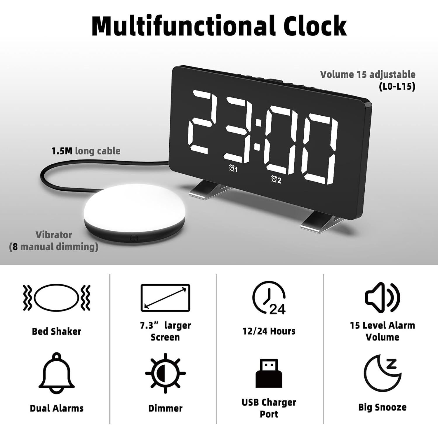 Reloj Despertador Digital VAUNO con Vibración y Luz Nocturna