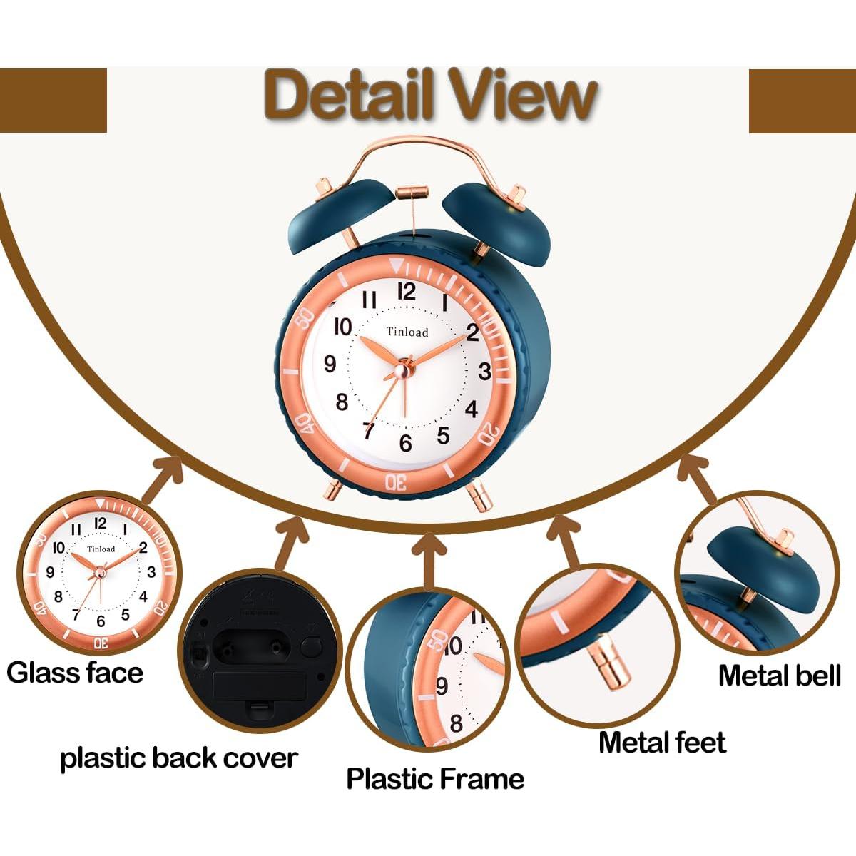 Reloj Despertador Analógico Tinload Azul Doble Campana Silencioso