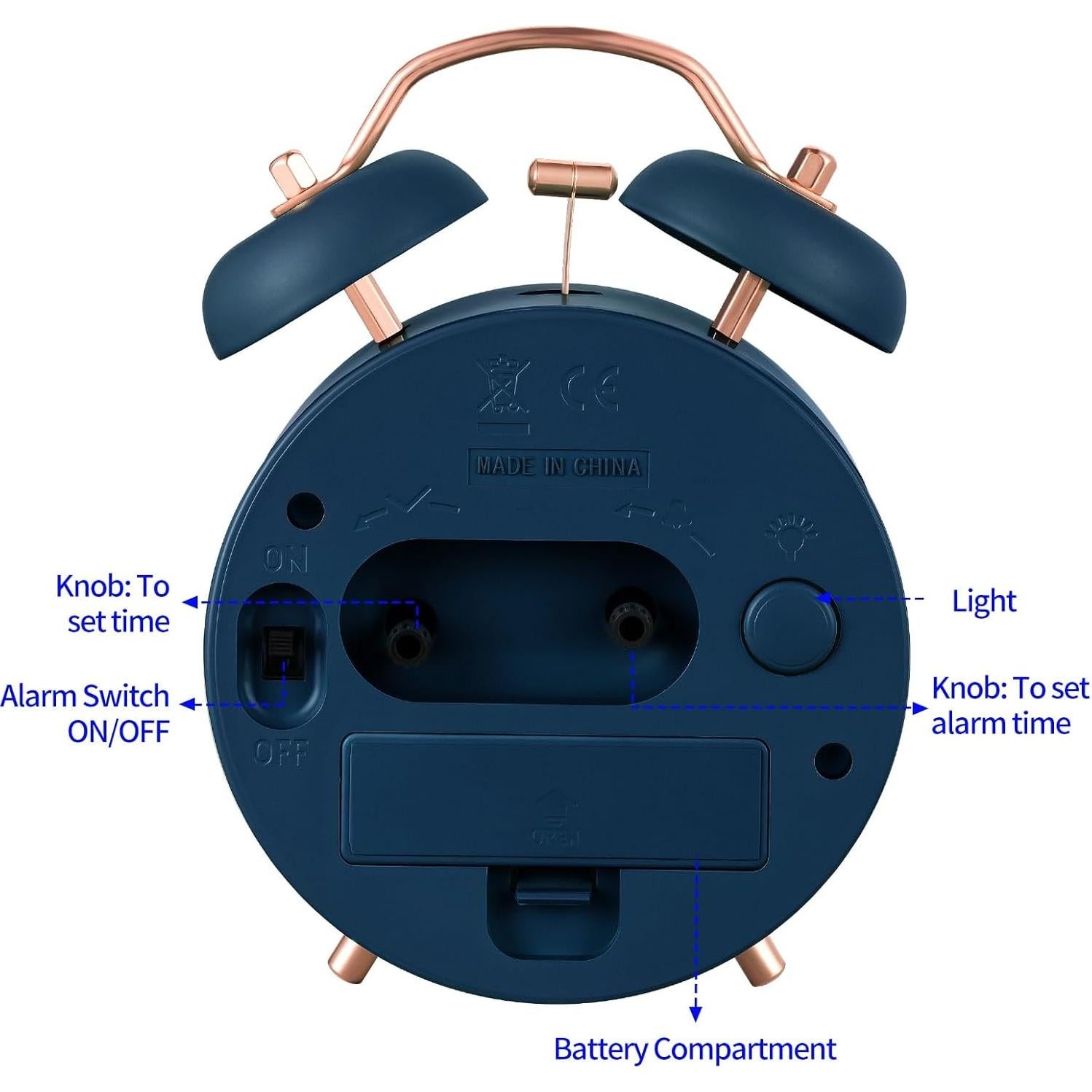 Reloj Despertador Analógico Tinload Azul Doble Campana Silencioso