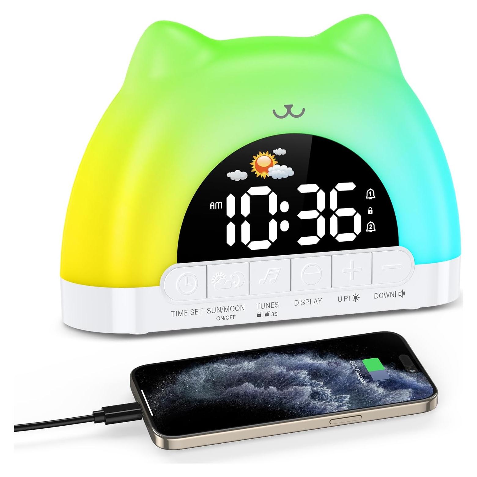 Reloj Despertador Infantil Homiyteck Gato con Luz y Sonido